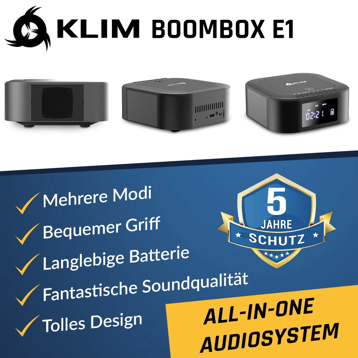 KLIM Boombox E1 Radio mit CD Player - BASS Boost mit Tieftöner - FM Radio, MP3, Bluetooth, AUX, USB, Kompakt Disc - CD Player tragbar mit kabellosem Modus und aufladbaren Akku - Mit Fernbedienung