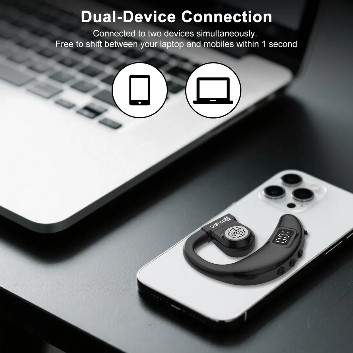 Hmusic Bluetooth Headset, V5.4 Wireless Bluetooth Earpiece, Both Left & Right Ear Wearing, USB C Fast Charging 20 Hrs Playing Time Earphone with ENC Mic for Driving, Truckers, Business, Office (Black)