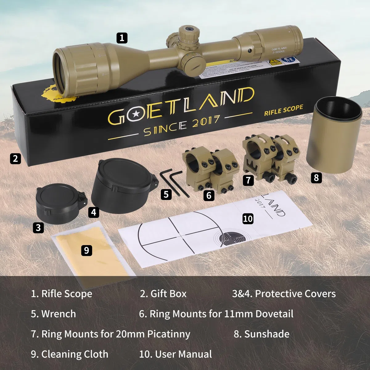Goetland Gewehr Zielfernrohr 3-9x50 Airsoft Mil Dot Optik R4 Absehen mit Montage Ringe SFP Rot Grün Blaue für Taktische Jagd Luftgewehr Sportschützen