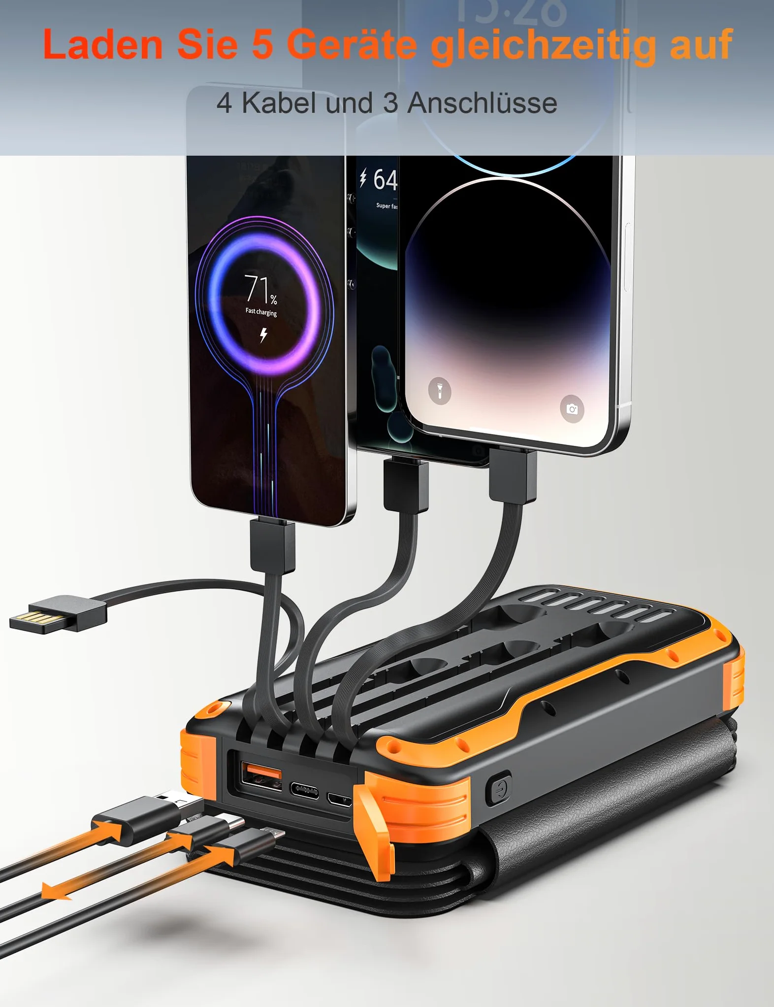 Solar Powerbank 20000mAh, Tragbare Ladegerät mit 4 Faltbar Externes Solarpanel ladegeräte 4 Integrierten Kabeln, Solar Power Bank Externer Akku mit 2 LED Taschenlampe für Smartphones, Tablets (Orange)
