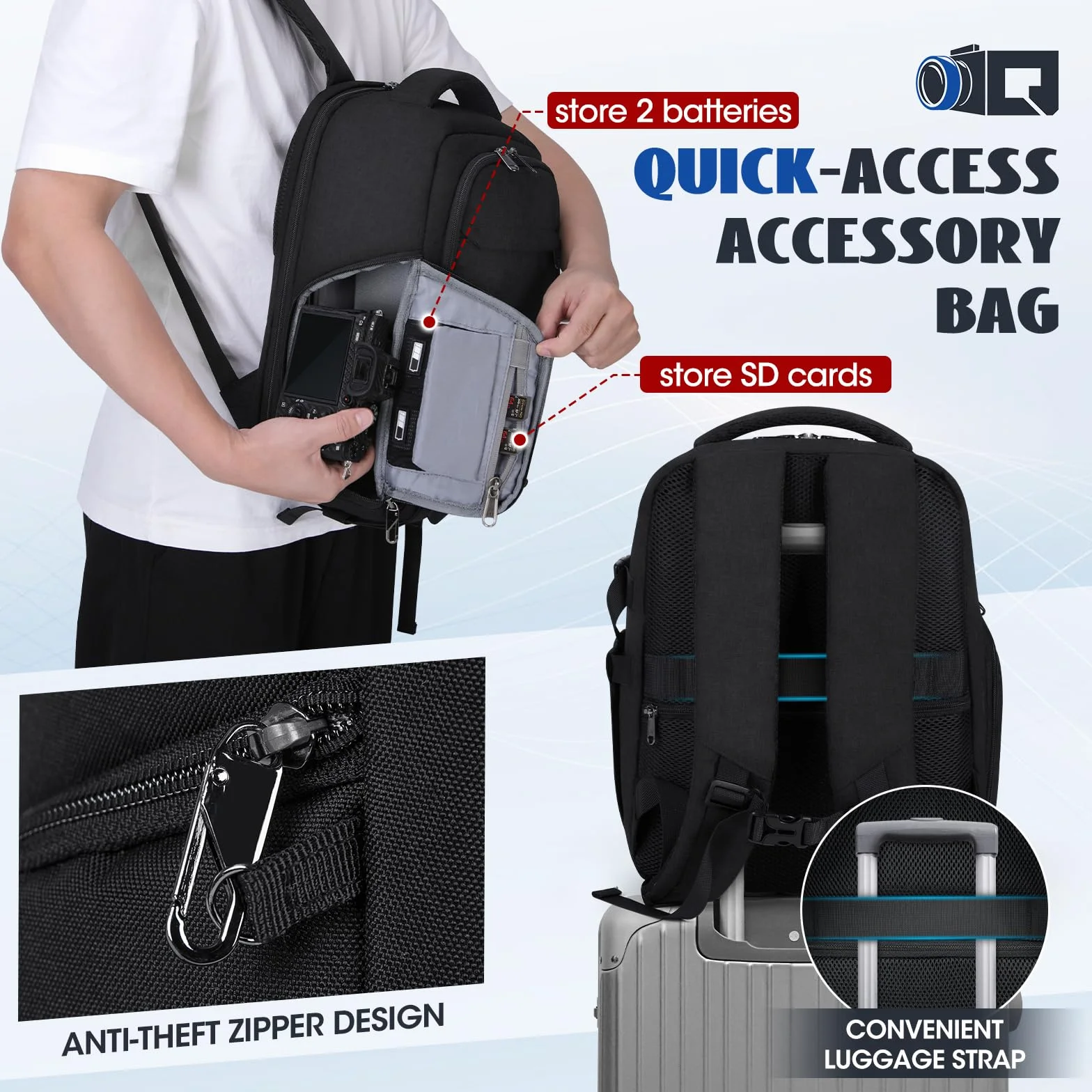 RAINSMORE Fotorucksack Kamerarucksack Groß mit 14 Zoll Laptopfach Leicht Kamera Rucksack DSLR SLR Kameratasche Regenschutz für Canon Nikon Sony Schwarz