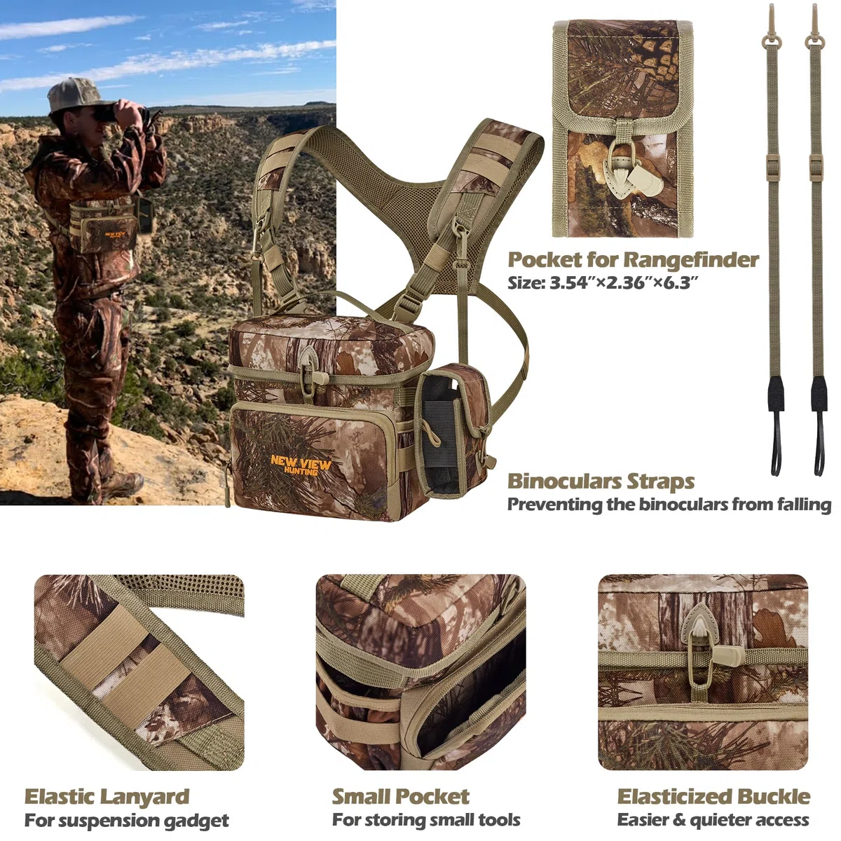 NewView Binocular Harness Chest Pack mit abnehmbarer Entfernungsmesser-Tasche, verstellbarem Bino-Gurt und Regenschutz - ideal für Jagd, Wandern und Vogelbeobachtung-L