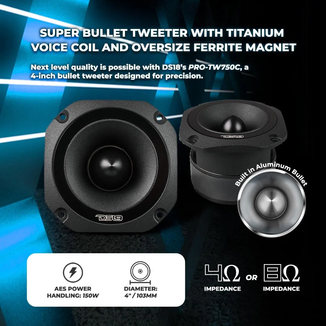 DS18 PRO-TW750C-8/BK 10,2 cm Super Bullet Hochtöner mit 3,8 cm Titan-Schwingspule und übergroßem Ferritmagnet, 200 Watt, 8 Ohm, Schwarz, einzeln