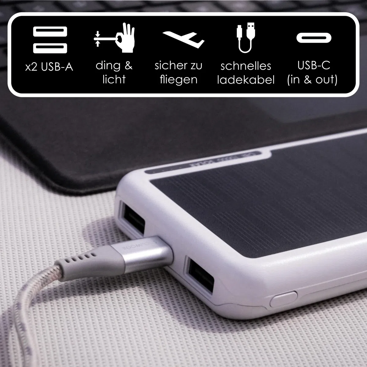 Boompods Obi Solar 10000mAh Solar Powerbank - Schnellladendes Ladegerät mit USB-C & 2X USB-Anschlüssen, Outdoor Power Bank mit Solarpanel, Robuste Ladestation für Handy, Tablets und Reisen, Schwarz