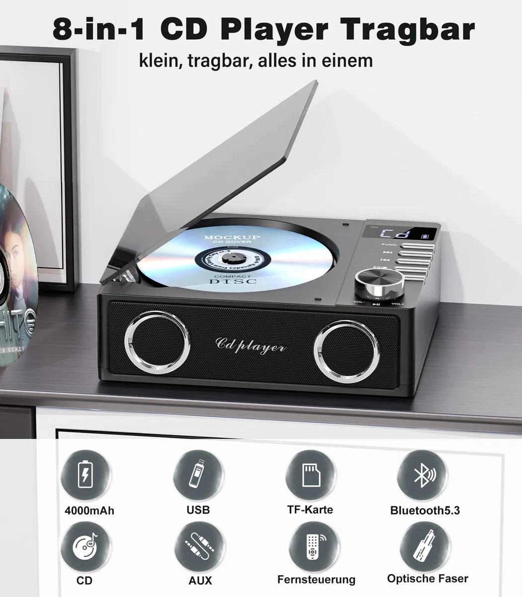 Greadio CD Player Tragbar mit Bluetooth 5.3, 4000mAh Wiederaufladbarer CD-Player mit Fernbedienung, HiFi-Sound-Lautsprecher, unterstützt USB, TF, AUX, LED-Display für Zuhause/Auto/Geschenk