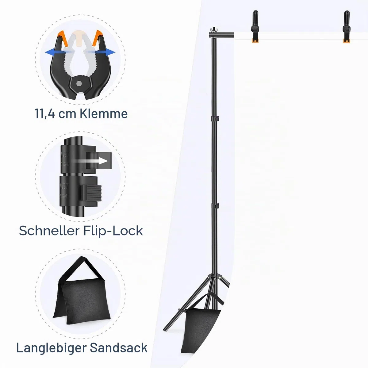 EMART Foto Hintergrund Ständer, 2x3m Verstellbarer Hintergrundsystem mit 8 Hintergrundklemmen, 2 Sandsack für Fotostudio Porträt Produktfotografie Studiofotografie, aus Metall