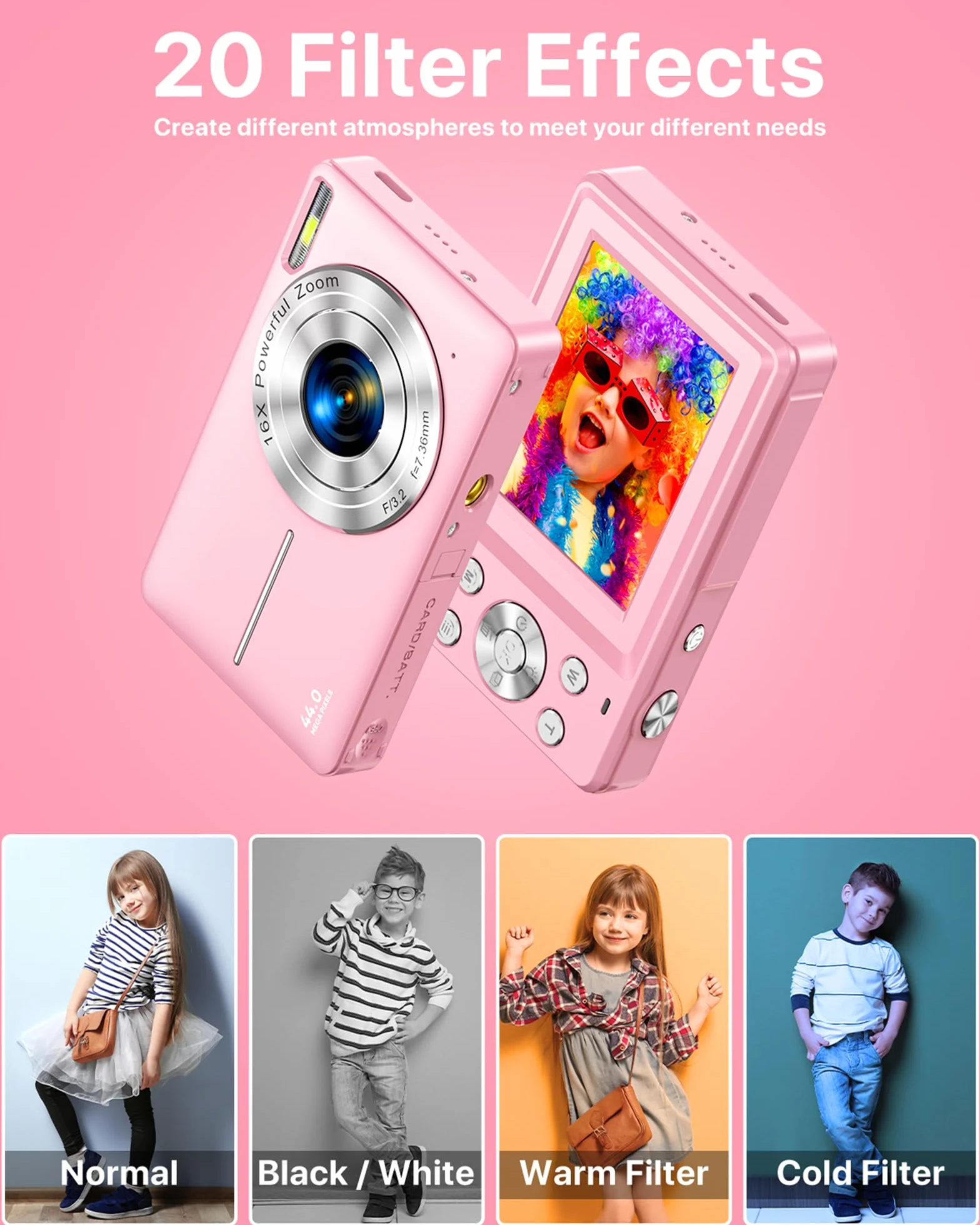 Digitalkamera 1080P Fotokamera 44MP Kamera Fotoapparat Tragbare Kompaktkamera mit 2,4" LCD Bildschirm, 16X Digitalzoom, 32G Micro Speicherkarte, 1 Akku für Kinder Teenager Student Anfänger-Rosa