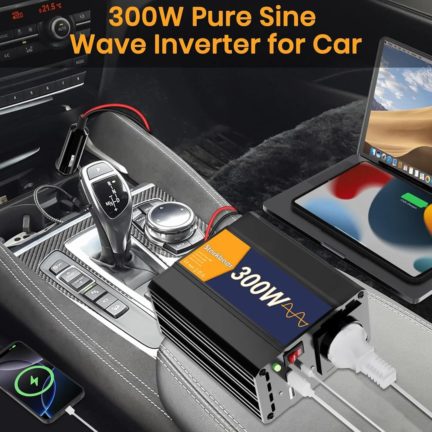 300W/600W Wechselrichter Reiner Sinus 12V auf 230V Spannungswandler, Pure sine Auto Inverter, 4X USB & 1xAC Steckdosen Stromwandler. Kfz-Zigarettenanzünder-Stecker, Alu-Legierung.