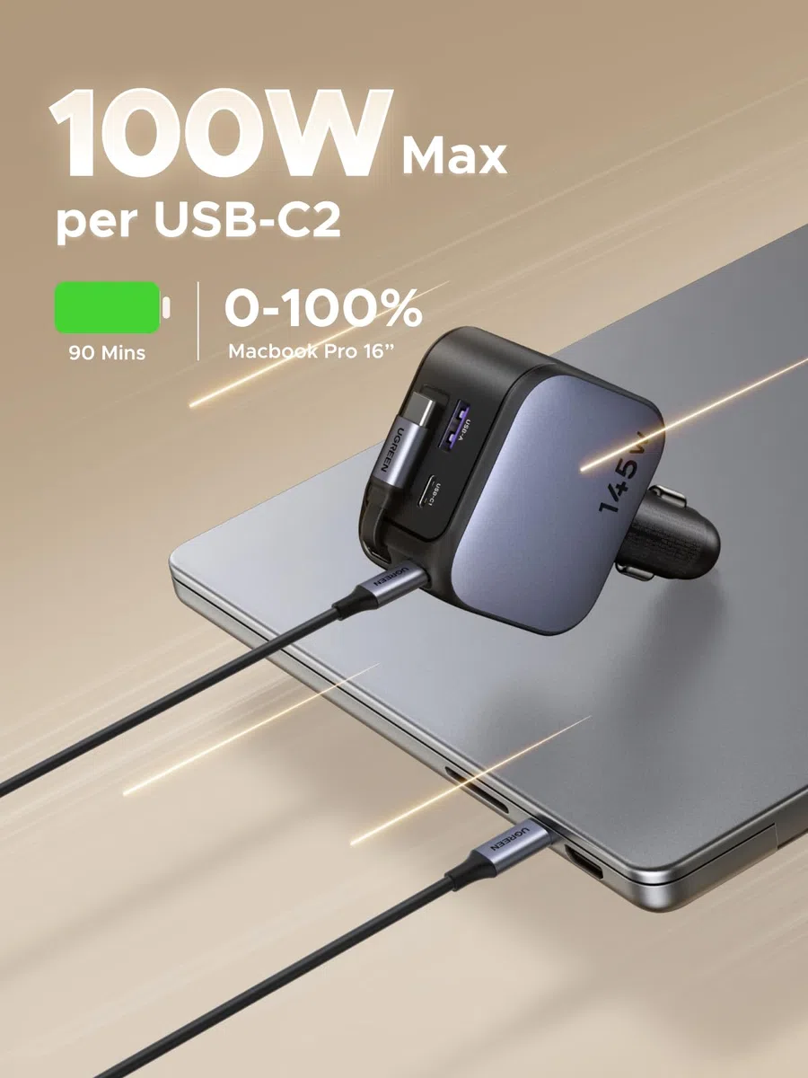 UGREEN Nexode 145W Zigarettenanzünder, 100W USB C Schnellladen, Typ-C Auto Ladegerät, integriertes einziehbares Kabel 60W, 4 in 1 Auto zubehör, kfz 12v-24V für iPhone 17/MacBook/iPad/Galaxy S25/GPS