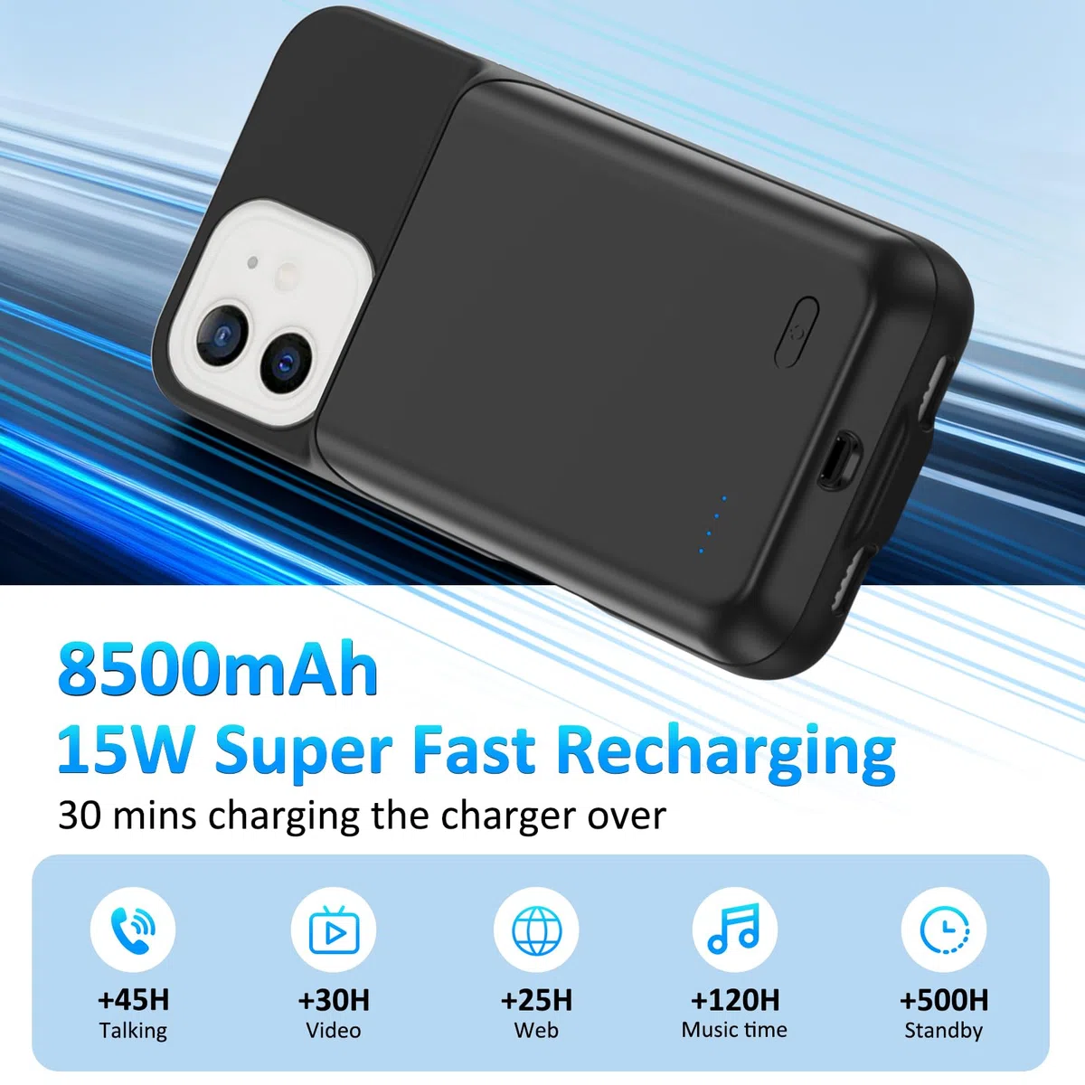Akkuhülle für iPhone 11(6.1 Zoll), 8500mAh Tragbares Ladegerät iPhone Ultradünn Erweiterter Akku Hülle Telefonladegerät und Schutzhülle mit Ladefunktion für iPhone 11 - Schwarz