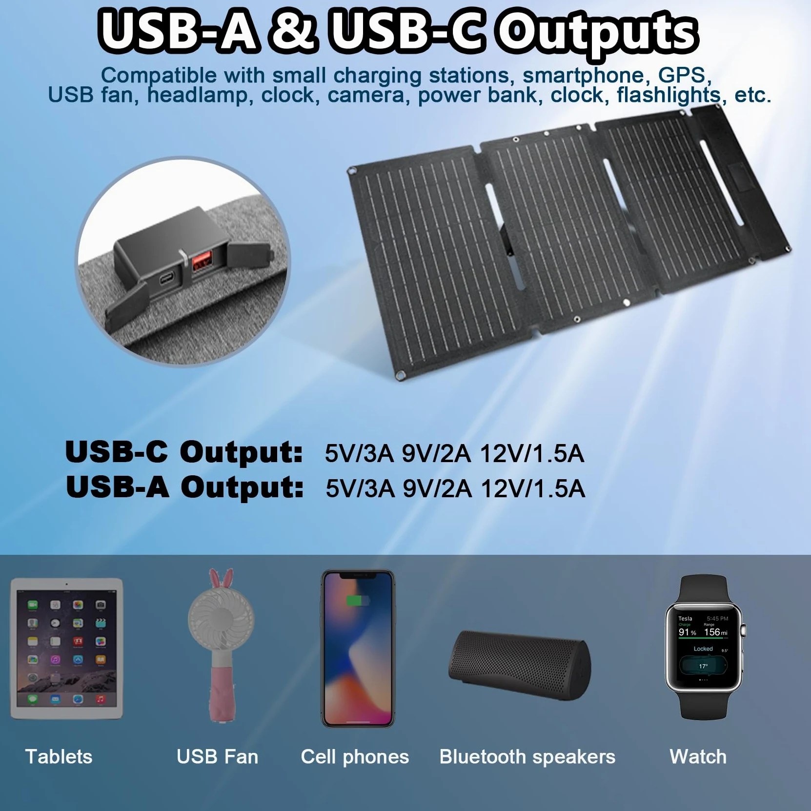 30W Faltbares Solarpanel Ladegerät mit 2 Anschlüsse (USB-C + USB-A） | IP65 Wasserdicht, USB and Type-C Ports, 23 % Wirkungsgrad, Tragbar Solar Panel, Für Handy Powerbank,Wanderung, Solarladegerät