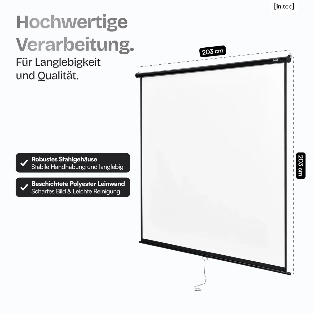 in.tec Projektionsleinwand HD 3D Beamer 113 Zoll Rollo-Leinwand selbstaufrollend 203 x 203 cm Wandmontage Deckenmontage alle Formate für Heimkino Büro Seminare