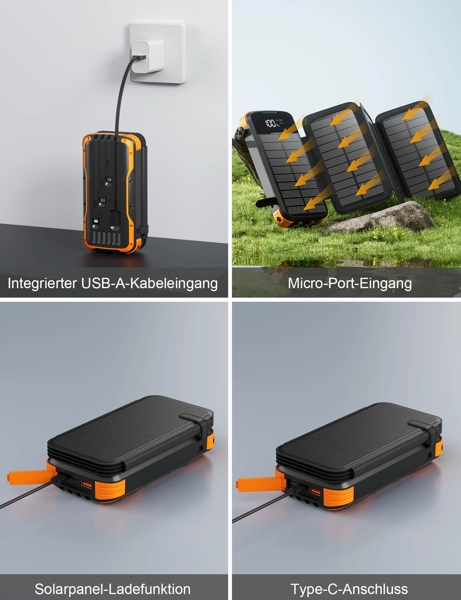 Solar Powerbank 20000mAh, Tragbare Ladegerät mit 4 Faltbar Externes Solarpanel ladegeräte 4 Integrierten Kabeln, Solar Power Bank Externer Akku mit 2 LED Taschenlampe für Smartphones, Tablets (Orange)