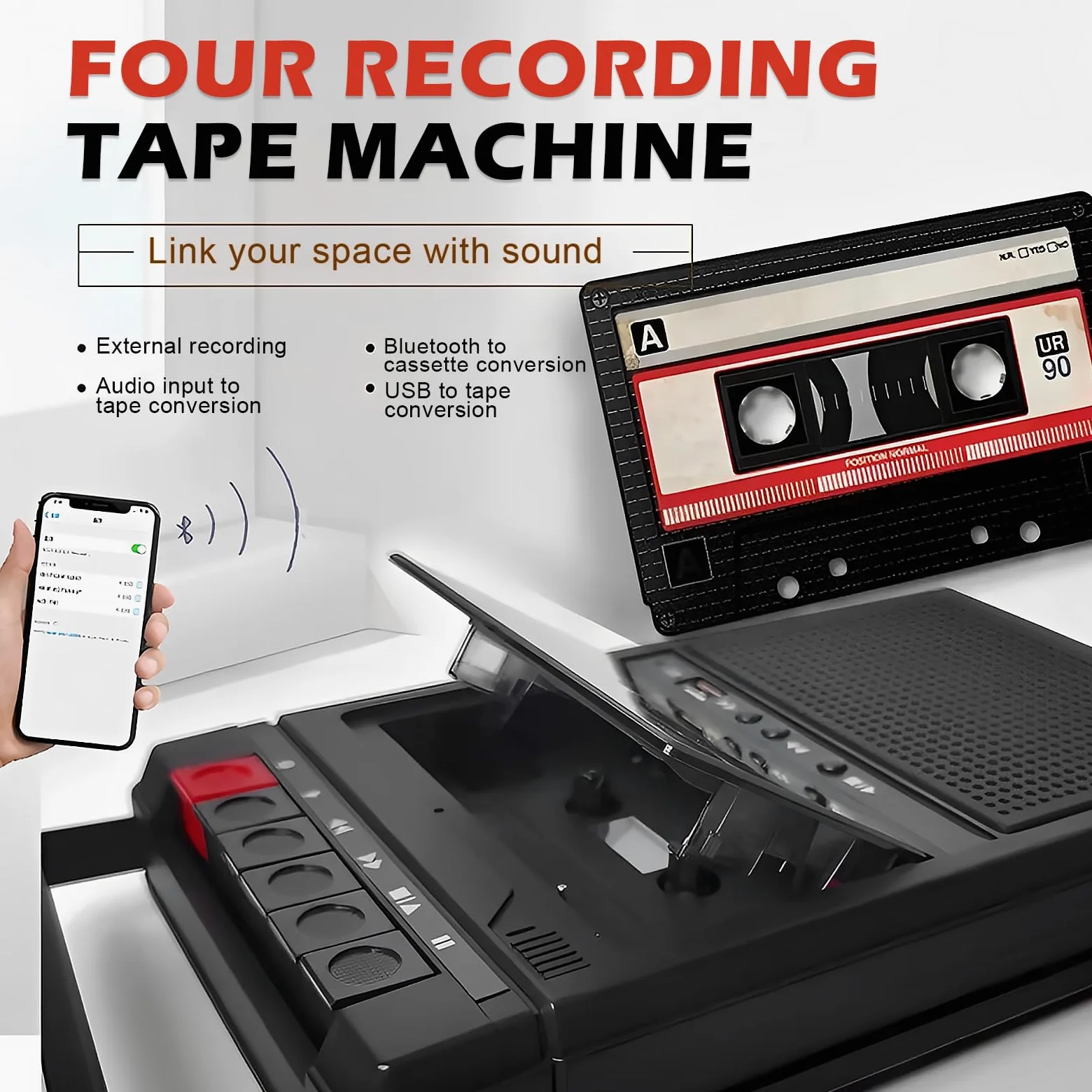 Tragbarer Kassettenrekorder Retro, Kassettenspieler Bluetooth mit Aufnahmefunktion, Kassetten Digitalisieren über USB & Audio, Mobiler Kassettenspieler mit Dual-Stromversorgung