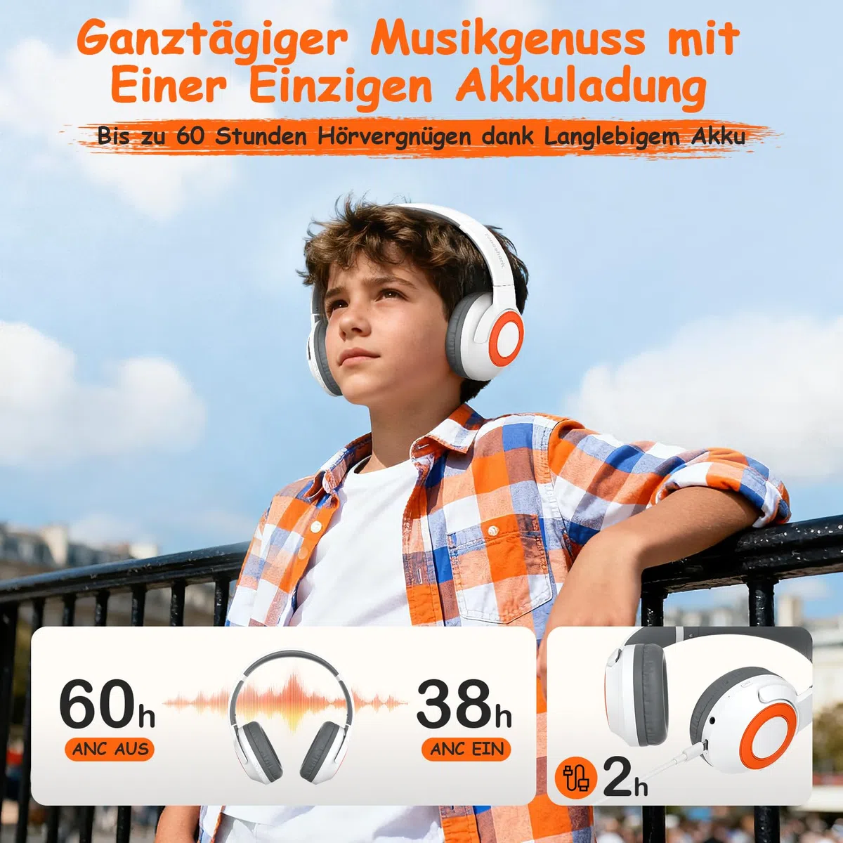TONOSHARK Kopfhörer Kinder Bluetooth | Noise Cancelling Kopfhoerer Kinder | 60h Spielzeit, Leicht über Ohr Kinderkopfhörer Bluetooth Mit Mikrofon (Weiß) - Für Schule/Reisen | Inkl. Tragetasche (Weiß)