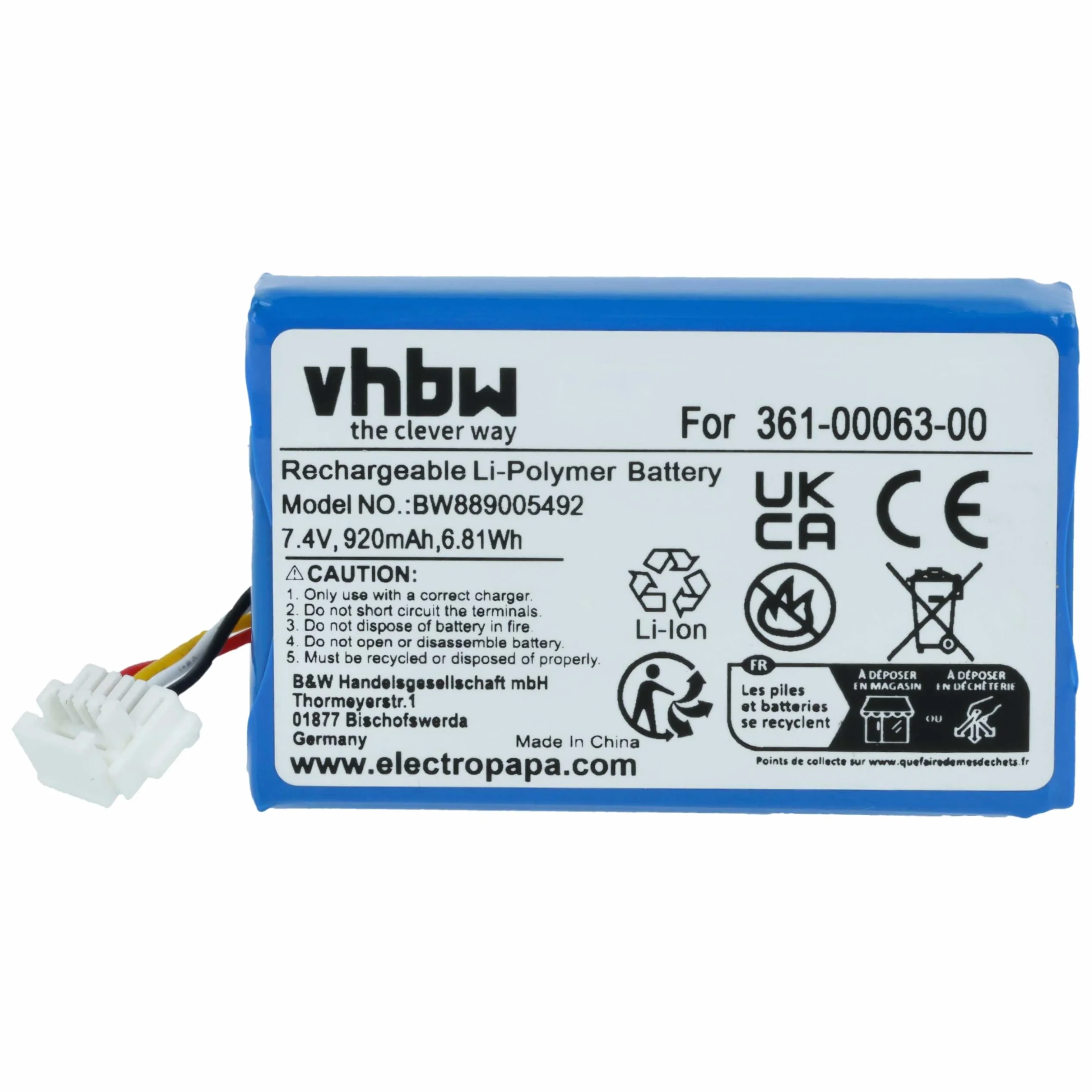 vhbw Akku Ersatz für Garmin 361-00063-00 für GPS Navigation Navi (920 mAh, 7,4 V, Li-Polymer)