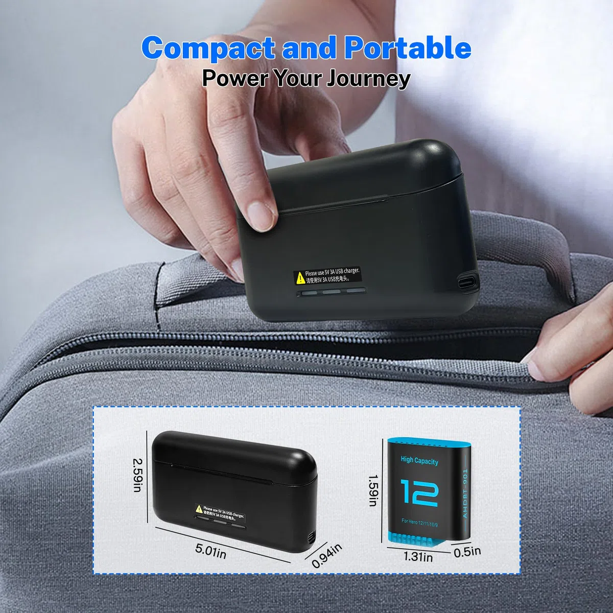 3 Stück 2580mAh Akku für Gopro Hero 12/Hero 11/Hero 10/Hero 9 mit 3-Kanal Typ-C Akku-Ladestation USB-C-Aufladen