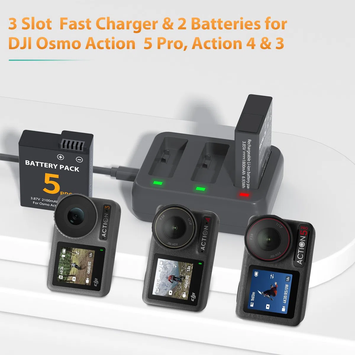 LP Osmo Action 5 Pro Akku-Pack (2er-Pack) mit 3-Fach-Ladegerät, 2100-mAh-Akku,OSMO Action 6 Akku-Ladegerät kompatibel mit DJI Osmo 360/Action 6Action 5 Pro/Action 4/Action 3 Kamera