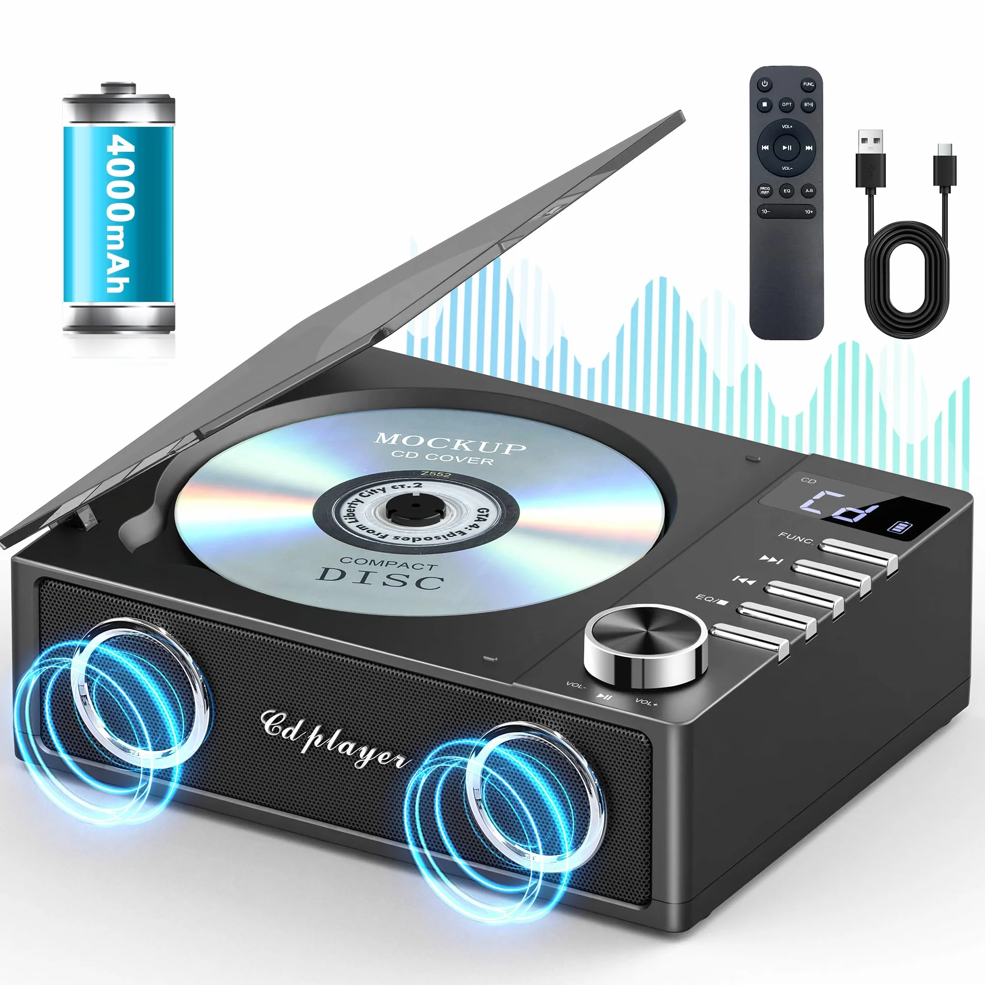 Greadio CD Player Tragbar mit Bluetooth 5.3, 4000mAh Wiederaufladbarer CD-Player mit Fernbedienung, HiFi-Sound-Lautsprecher, unterstützt USB, TF, AUX, LED-Display für Zuhause/Auto/Geschenk