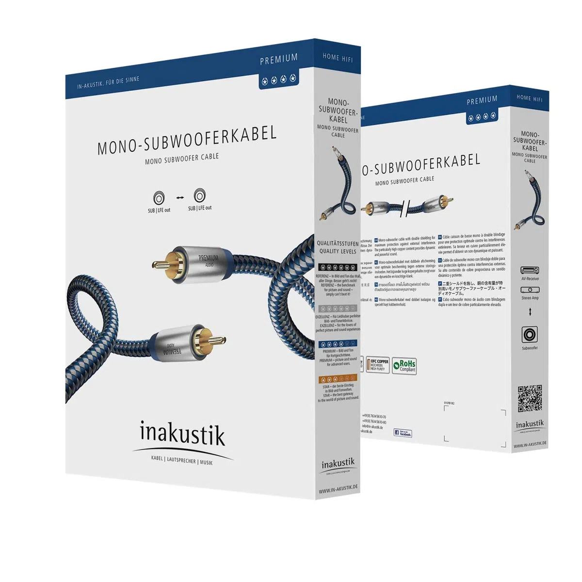 inakustik – 00408021 – Premium Mono-Subwooferkabel | Für kraftvollen und dynamischen Bass dank eines hohen Kupfergehaltes | 2,0m in Blau/Silber | 2-fache Abschirmung - Vollmetallstecker - moderner Geflechtschirm