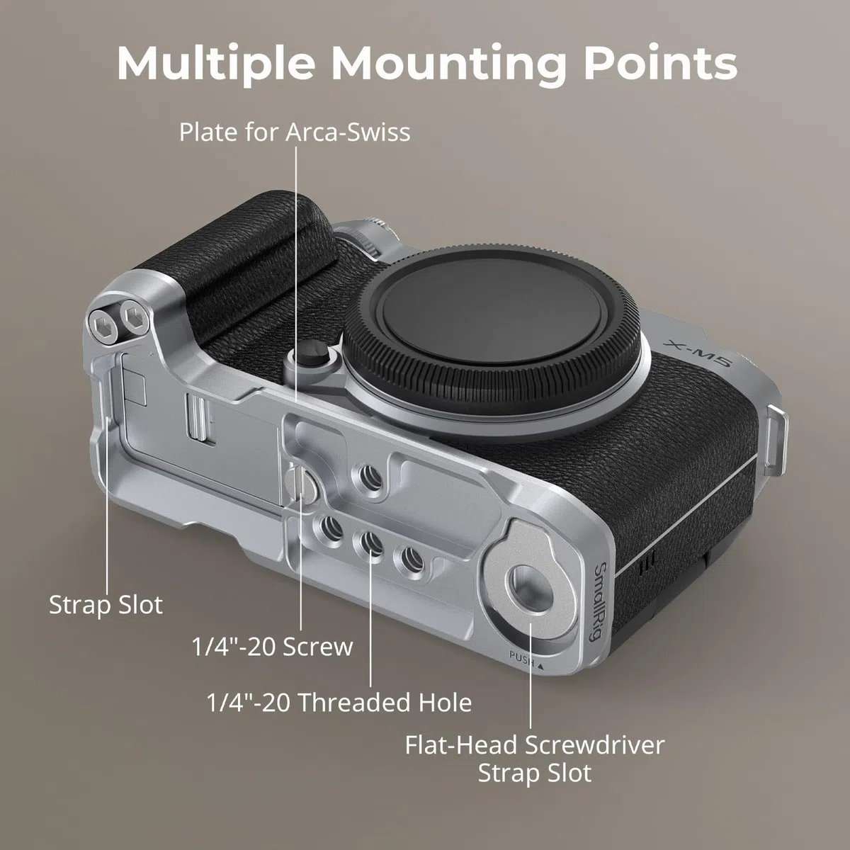 SMALLRIG X-M5 Handgriff L-förmiger Griff für Fujifilm X-M5, integrierte Schnellwechselplatte für Arca, Leichter seitlicher Silikongriff, inkl. Windschutzscheibe mit Cold Shoe Adapter (Silber) – 4875