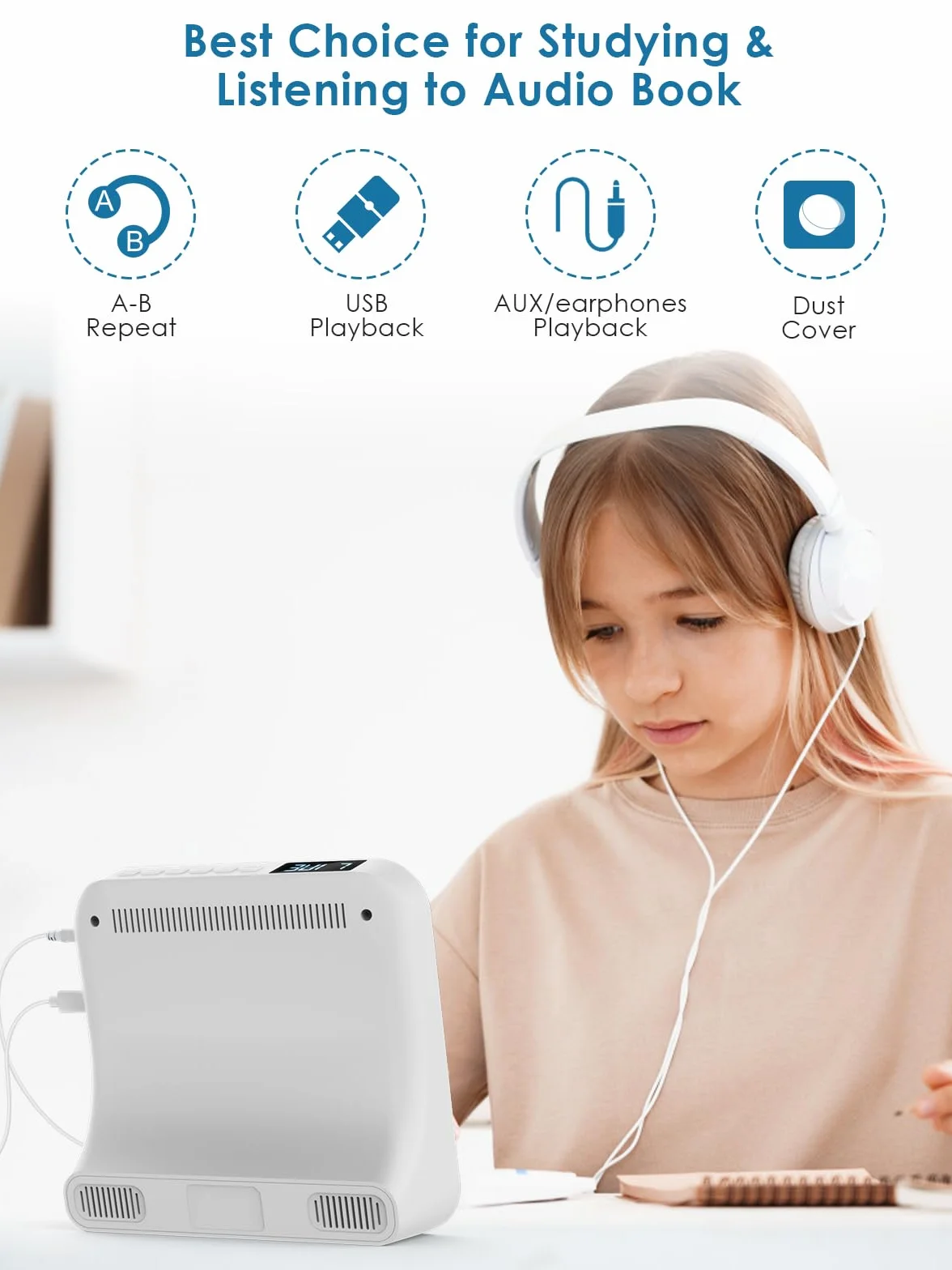 Gueray CD Player Bluetooth CD-Player mit Lautsprecher Unterstützt Fernbedienung Anzeige FM Radio mit CD Players USB- Kartenwiedergabe 3,5 mm AUX Wecker Kopfhöreranschluss Staubschutzhülle