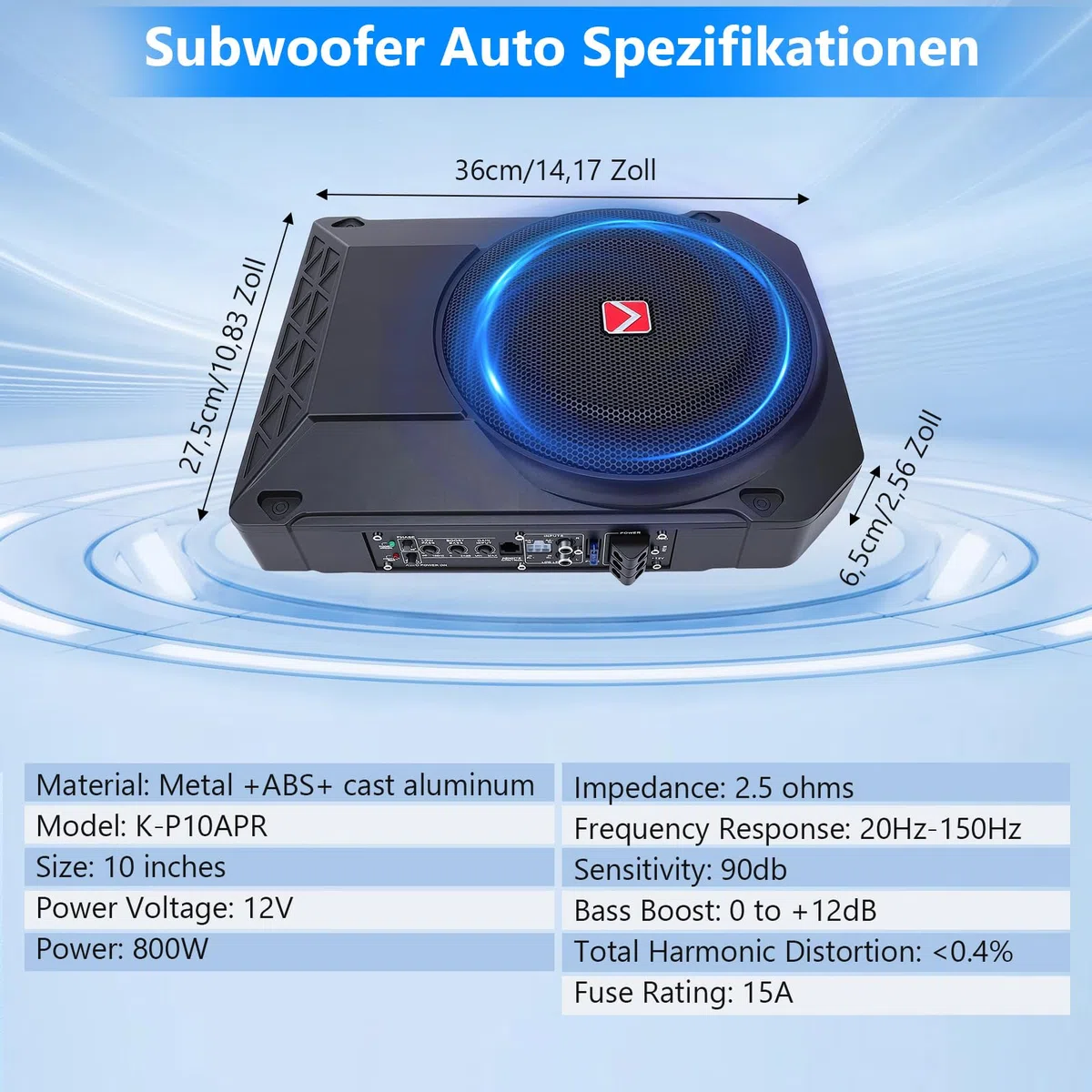 Aktiver 10 Zoll Subwoofer Ultraflach 800W 2.5 Ohm unter Sitz Fernbedienung | Aktivsubwoofer für Auto, 20-150Hz Frequenzgang, 90dB Empfindlichkeit, Aluminiumgehäuse mit Fernregler und Schutzschaltungen