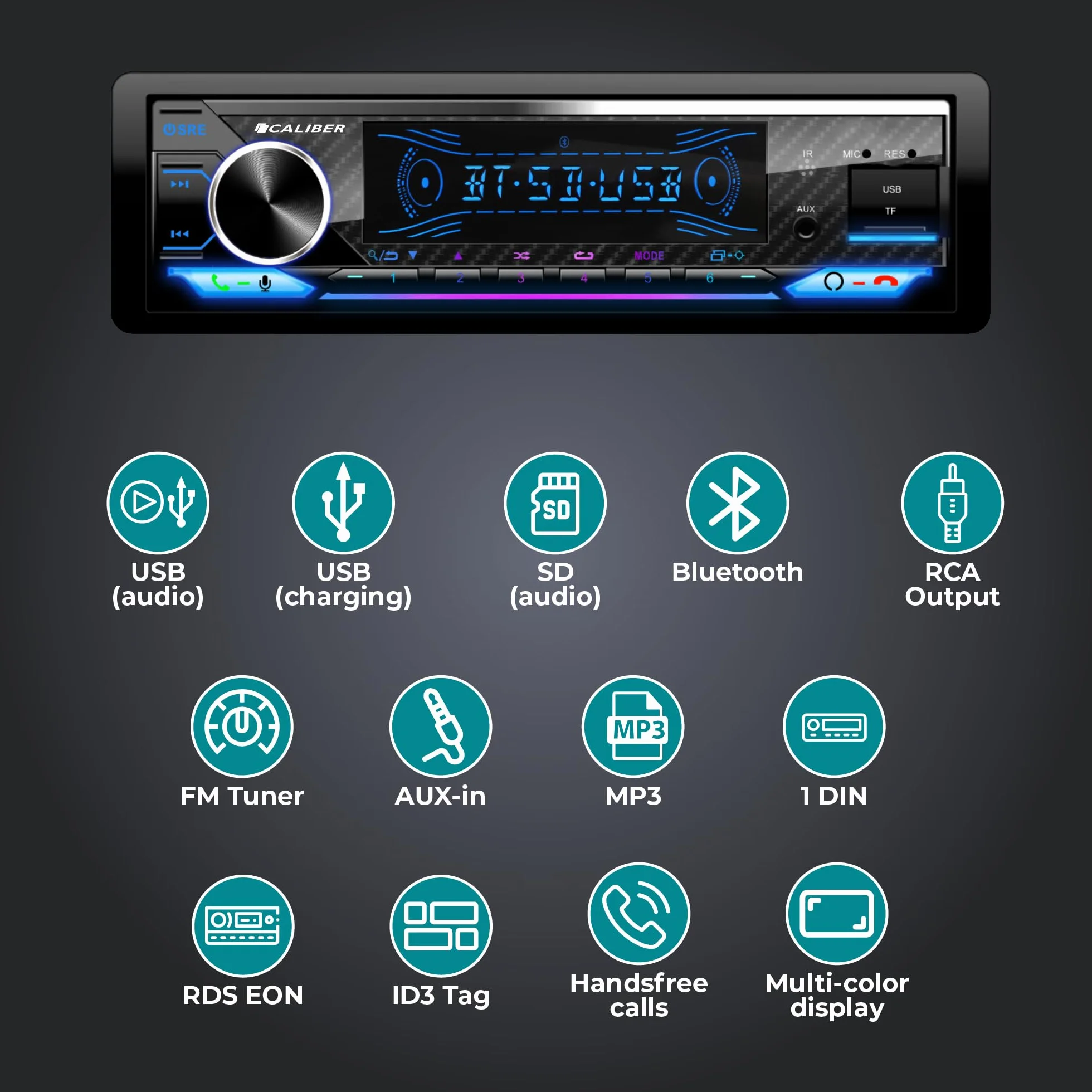 Caliber Autoradio Bluetooth & USB, 1-DIN RMD058 Freisprecheinrichtung, 4x100W, Multicolour, 110mm Einbautiefe, inkl. externem Mikrofon