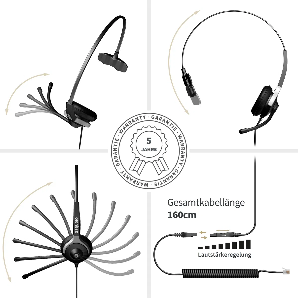 GEQUDIO Headset für GX- und GZ-Serie kompatibel für GX5+ GX7+ GZ-2 GZ-6 GZ-8, Poly/Polycom und Gigaset-RJ Telefon - inklusive RJ Kabel - Kopfhörer & Mikrofon mit Ersatz Polster - 60g leicht (1-Ohr)