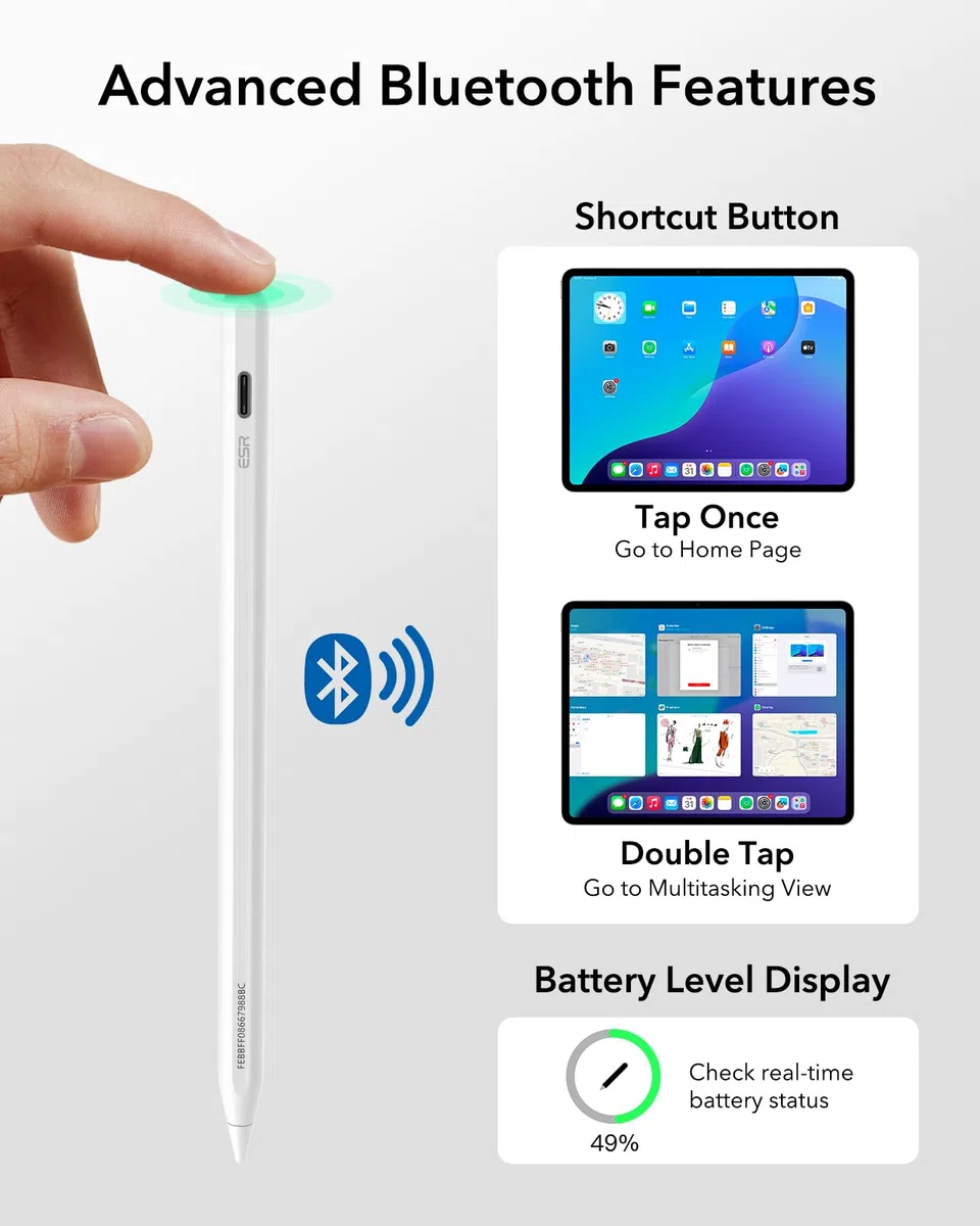 ESR Find My Stift für Apple iPad 2018-2026, Digital Pencil Pro mit „Wo ist?“ Funktion & Neigungssensitivität für iPad A16/10/9/8 & Air 13/11 & Pro 12.9/13/11 & Mini 7/6/5, Weiß(kein kabelloses Laden)
