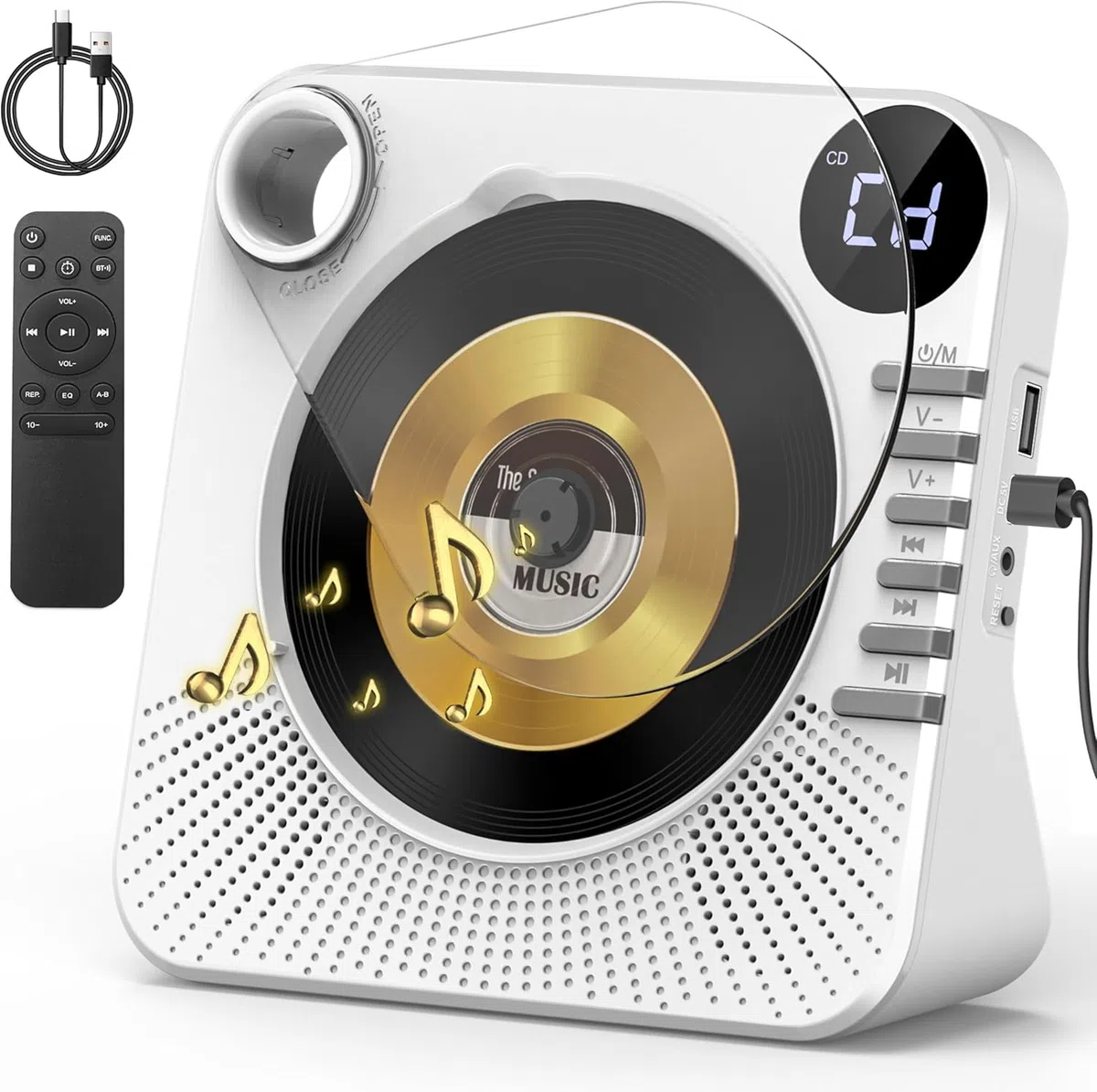 Greadio CD Player Tragbar mit Bluetooth 5.1, Kinder CD Spieler mit Lautsprecher, Fernbedienung, HiFi-Sound, Staubschutz, AUX/USB-Wiedergabe, Tragbarer cd Player für Zuhause (Weiß)
