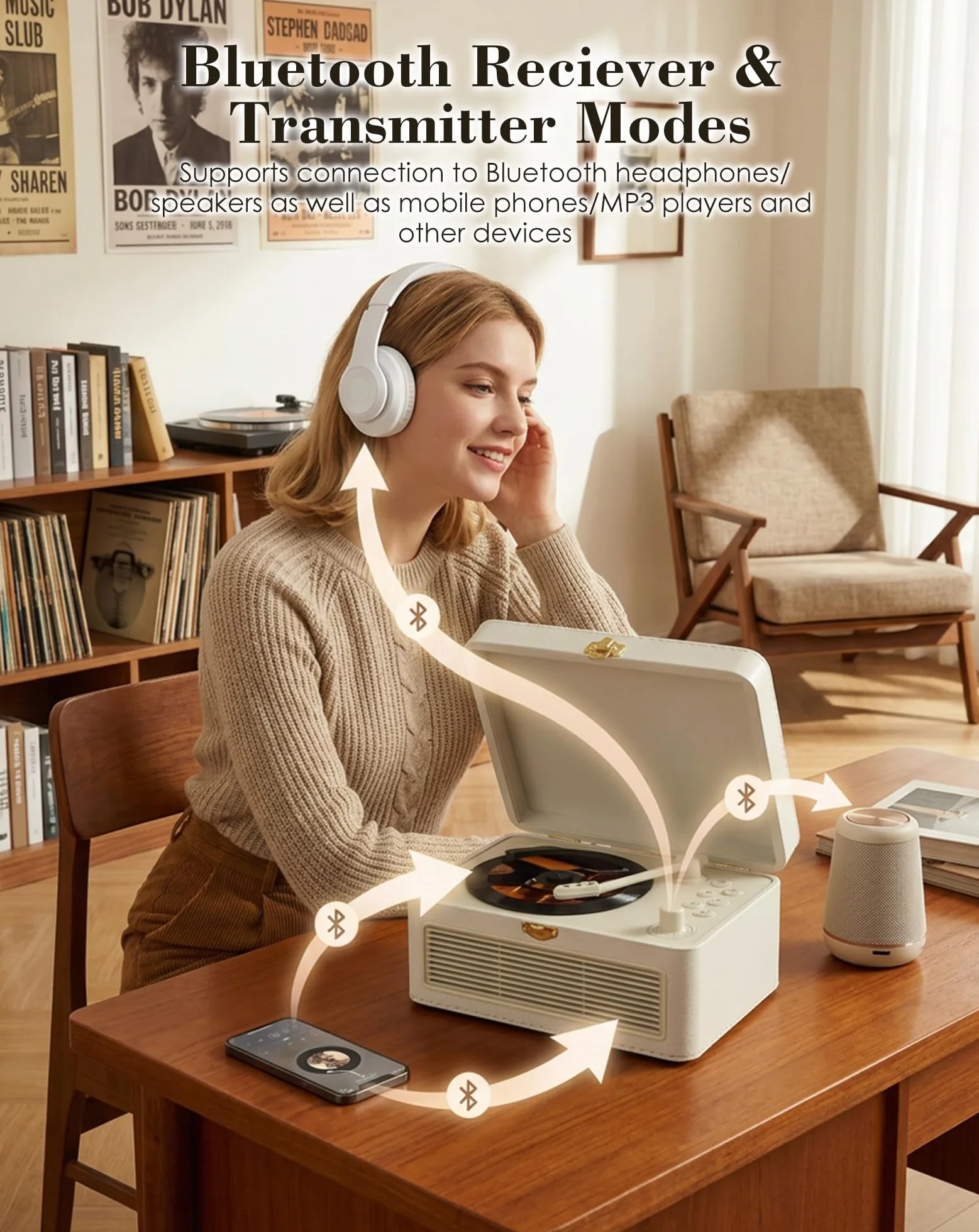 Tragbar CD Player Bluetooth Retro Radio mit CD-Player mit Lautsprecher Unterstützung USB & AUX-Wiedergabe mit Fernbedienung Staubschutzhülle Beigefarbenes PU-Leder Weiß