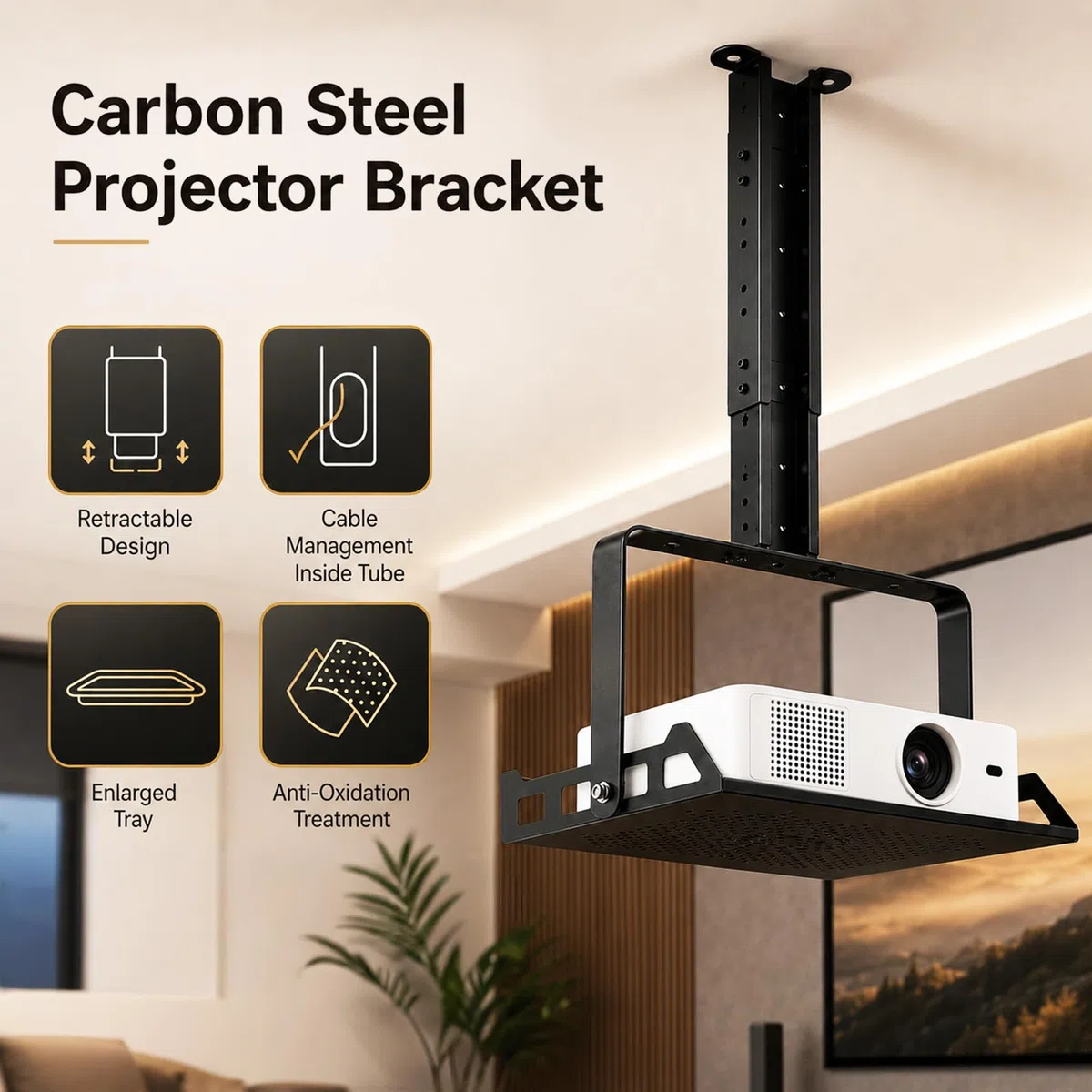Beamer Deckenhalterung höhenverstellbar 30-55,7cm, Beamer Halterung Decke mit neigbarem Tragearm (Winkel verstellbar), Projektor Halterung Decke aus Carbonstahl, Kabelmanagement, für Projektor/Kamera