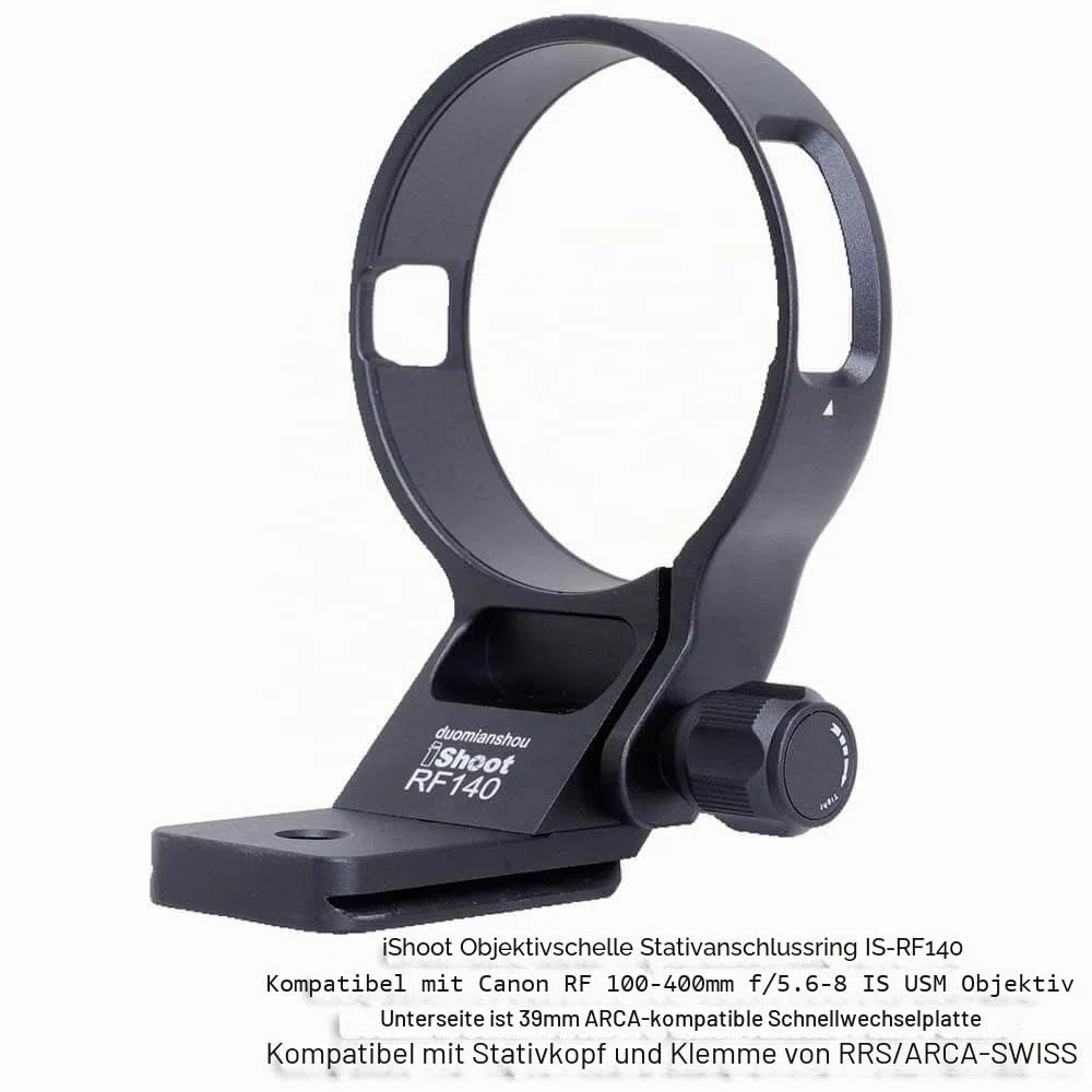 iShoot Stativhalterung, Ringlinsenhalsband, kompatibel mit Canon RF 100–400 mm f/5.6–8 is USM, Objektivhalterung, Unterseite ist Arca-Swiss Fit Schnellwechselplatte Schwalbenschwanznut