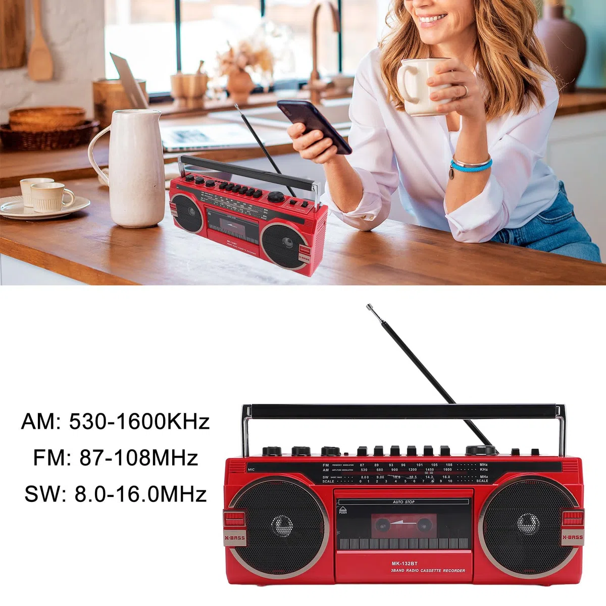 Retro Cassette Player Recorder mit AM FM SW Radio, Bluetooth, USB -Wiedergabe/Konvertiert Kassetten in MP3, Tragbarer Tape -Player, Wechselstromkraft/Batterie Betrieben