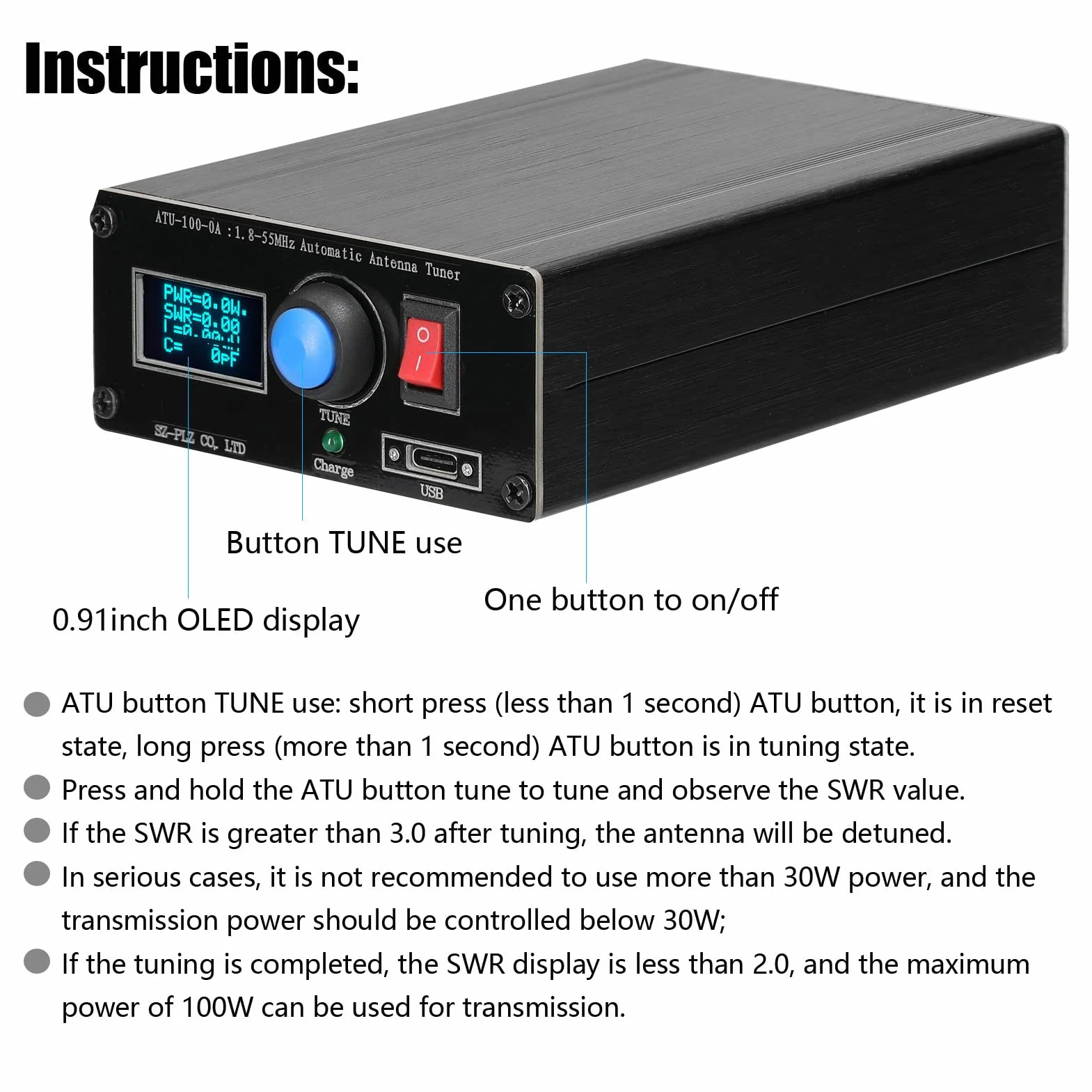 Irfora ATU-100-0A 1,8-55 Mini automatischer Antennentuner 0,91 Zoll OLED Display Aluminiumlegierung Außengehäuse mit 1500mAh Akku