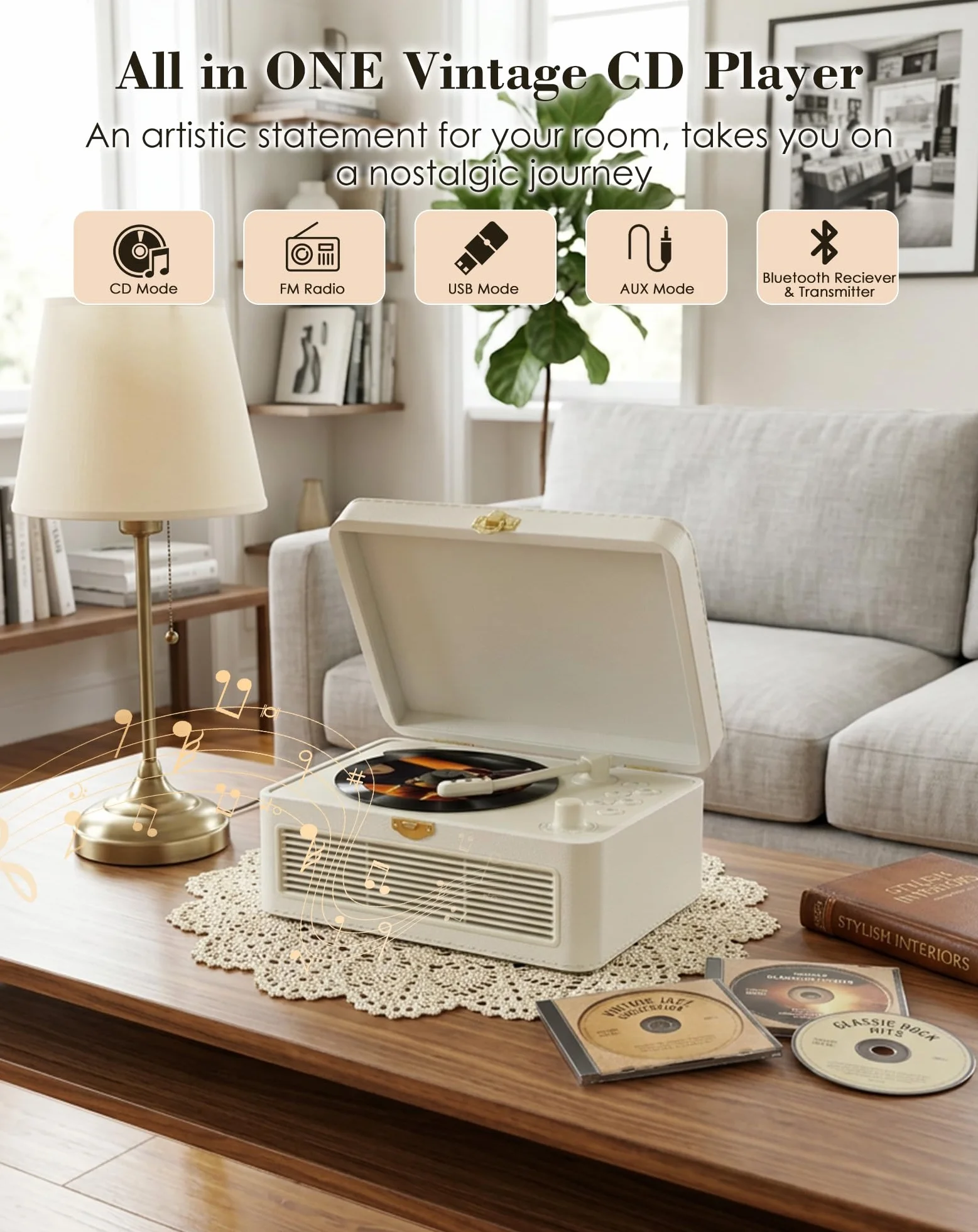 Tragbar CD Player Bluetooth Retro Radio mit CD-Player mit Lautsprecher Unterstützung USB & AUX-Wiedergabe mit Fernbedienung Staubschutzhülle Beigefarbenes PU-Leder Weiß