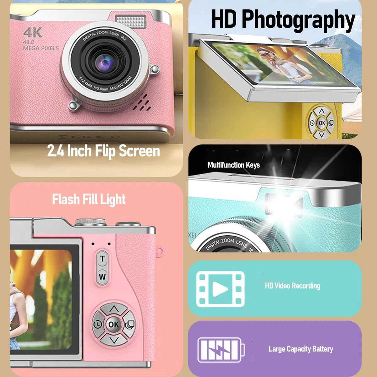 Bewinner 1080P Digital Kamera für die Fotografie, 48MP Vlogging-Kamera mit 2,4 "Flip-Bildschirm, 18x Digital-Zoom-Autofokus Kompakte Reise Kameras für Anfänger (Purple)