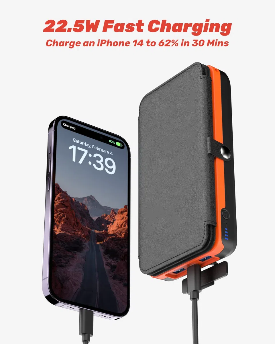 Solar Ladegerät Power Bank 27000mAh - BRENCIL Solar Powerbank 3A Schnelles Aufladen 3 Ausgängen mit 4 Faltbaren Solar-Panels Tragbares Ladegerät für Handys, Tablets (Orange)