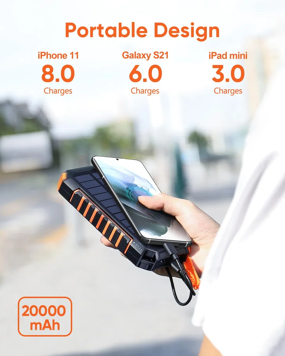 Hiluckey Wireless Solar Powerbank 20000mAh Wasserdichtes Solar Ladegerät USB C Externer Akku mit 4 Outputs , Power Bank für Smartphones, Tablets und mehr