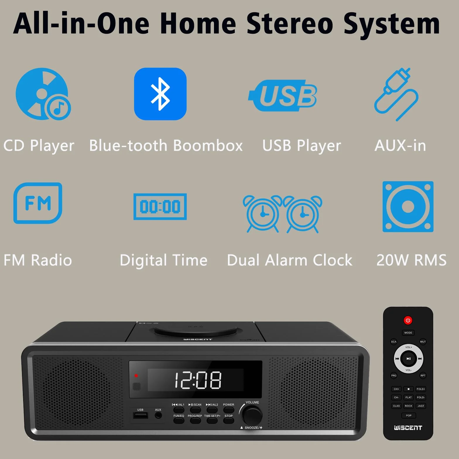 Stereoanlage Kompaktanlage Home-CD-Stereosystem, Radio CD-Player mit Bluetooth, FM-Radio, Aux-In, USB-Wiedergabe, Digitale Uhr, Doppelter Wecker, CD-Player für Home