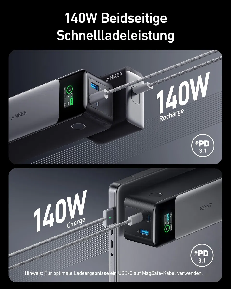 Anker 737 Power Bank, 140w 24000mAh Powerbank mit 3 Anschlüsse, Digitales Display, Kompatibel mit iPhone 17/16/15/14, Galaxy, MacBook, AirPods