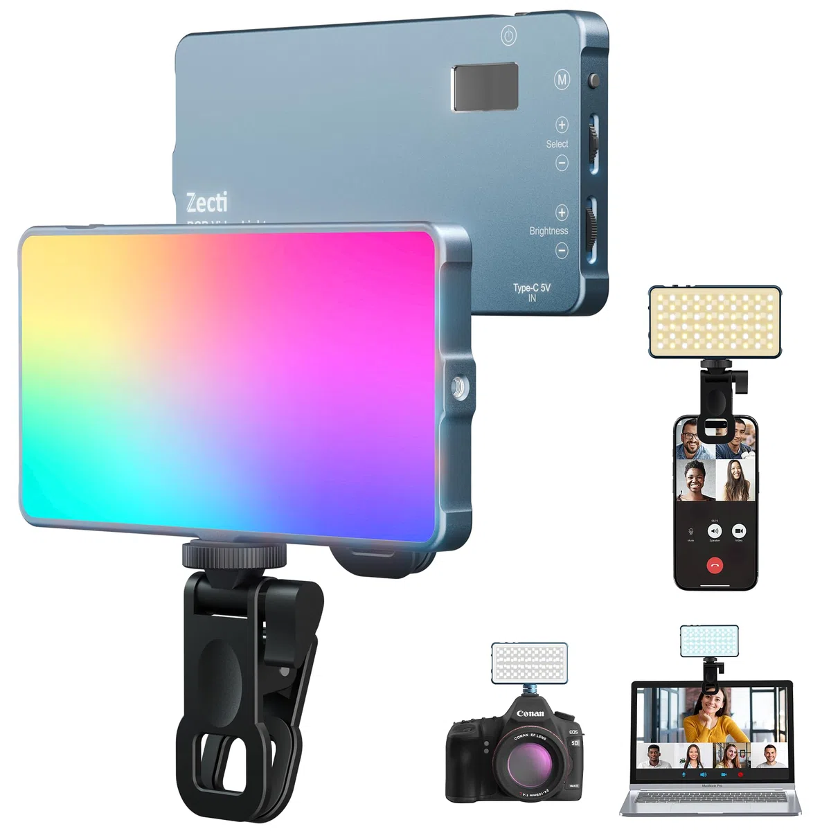 Selfie Licht mit RGB-Vollfarbe, CRI96+ 2500K-8000K Tragbare Kamera Licht LED Videoleuchte mit Hotshoe und Clip, 21 Effekte Fotolicht für Telefone, Laptop, Vlogs, mit Ganzmetall-Design und OLED-Display