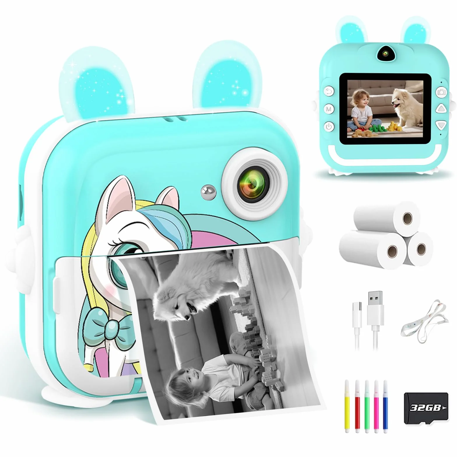 Kinderkamera Sofortbildkamera 2.4 Zoll Digitalkamera 1080P mit 32G Karte & Druckpapier für Kinder 3-12 Jahre (Grün)