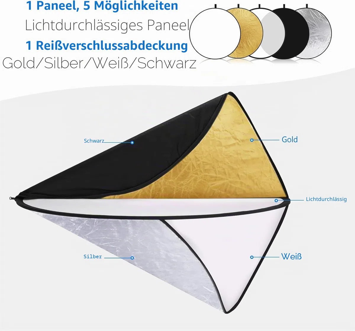 NEEWER 110cm Lichtreflektor Diffusor 5 in 1 Faltbare Multi Disc mit Tasche - Durchscheinend, Silber, Gold, Weiß und Schwarz, Fotoreflektor für Studio Fotografie Beleuchtung im Freien, RF-110