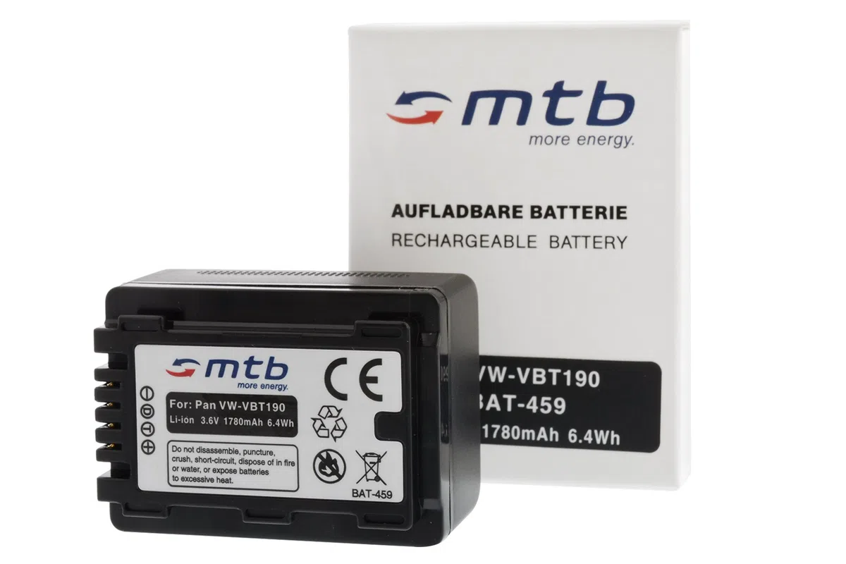 Ersatz-Akku VW-VBT190 kompatibel mit Panasonic HC-V130, V160, 270, 380, V727... s. Liste! [3.6V - 1780mAh - Li-Ion - mit Infochip, Restlaufanzeige unterstützt]