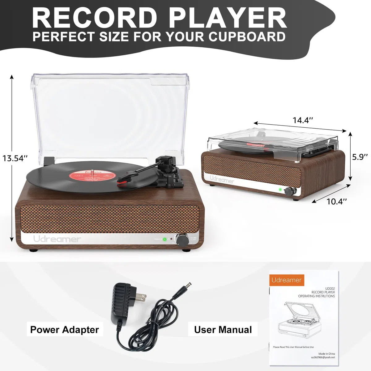 Udreamer Plattenspieler mit Lautsprecher Bluetooth Plattenspieler Vintage Vinyl Player Unterstützt USB AUX-Eingang Kopfhörer RCA Line-Out 3 Geschwindigkeiten Riemenantrieb Spiegeldesign Nussbaum