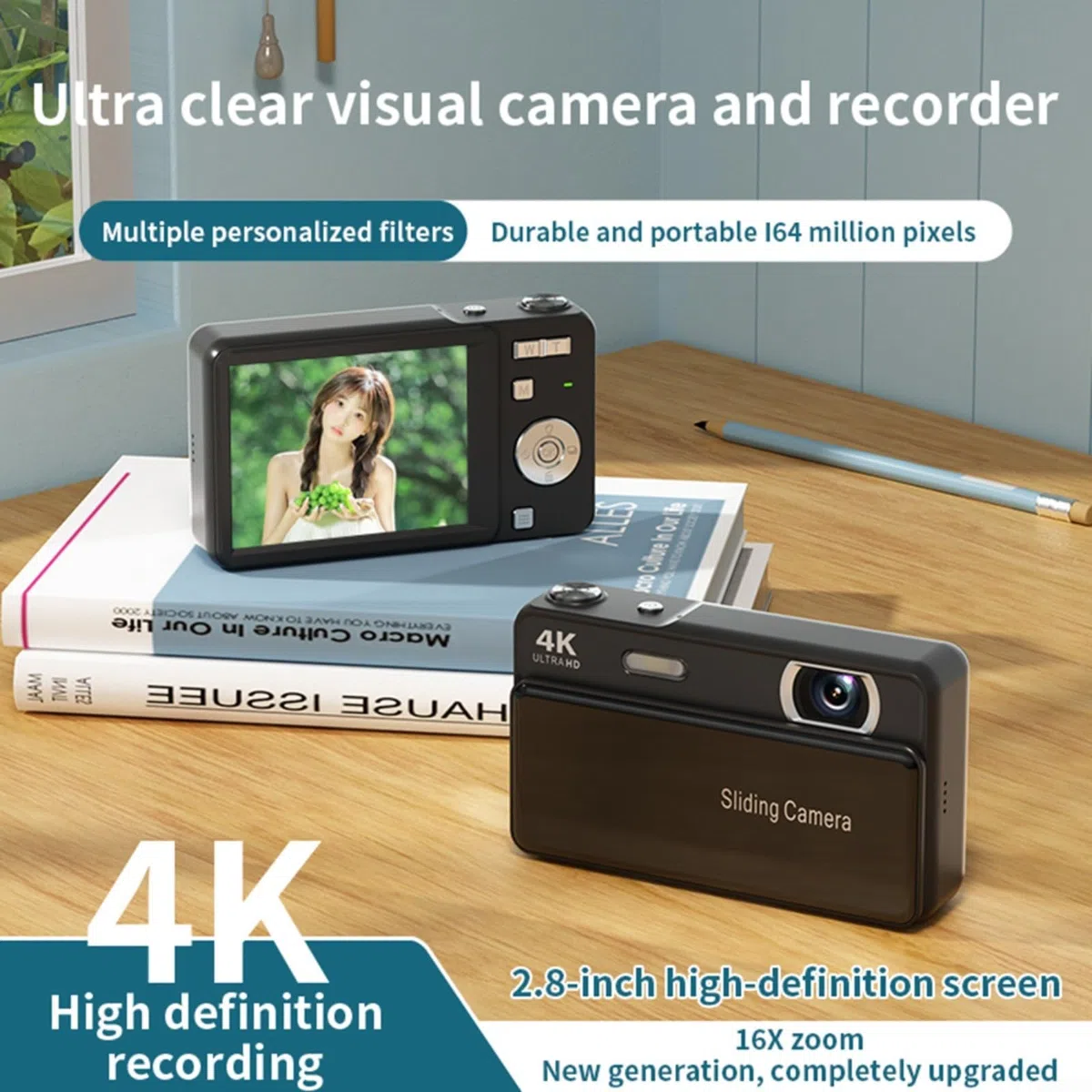 64 MP Kompakte Schiebe-Digitalkamera mit 16-fachem Digitalzoom, integriertem Blitz, fortschrittlichem Autofokus und 71,1 cm HD-Bildschirm für Schüler (Rosa)