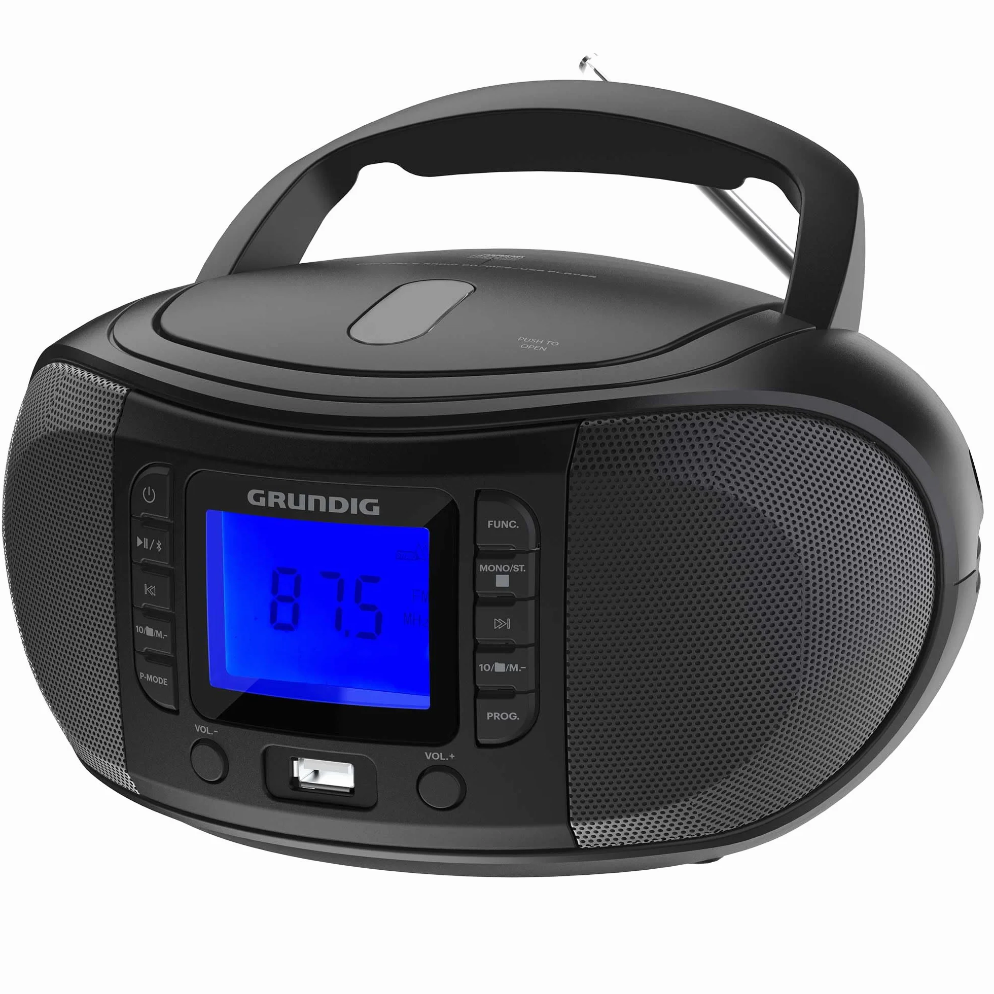 GRUNDIG GRB 3500 tragbare Radio Boombox mit Bluetooth, integrierter CD-Player, USB 2.0 Anschluss, 3,5 mm Kopfhöreranschluss, FM Empfangsteil mit PLL-Frequenz- Abstimmung, 30 Senderspeicher, Schwarz