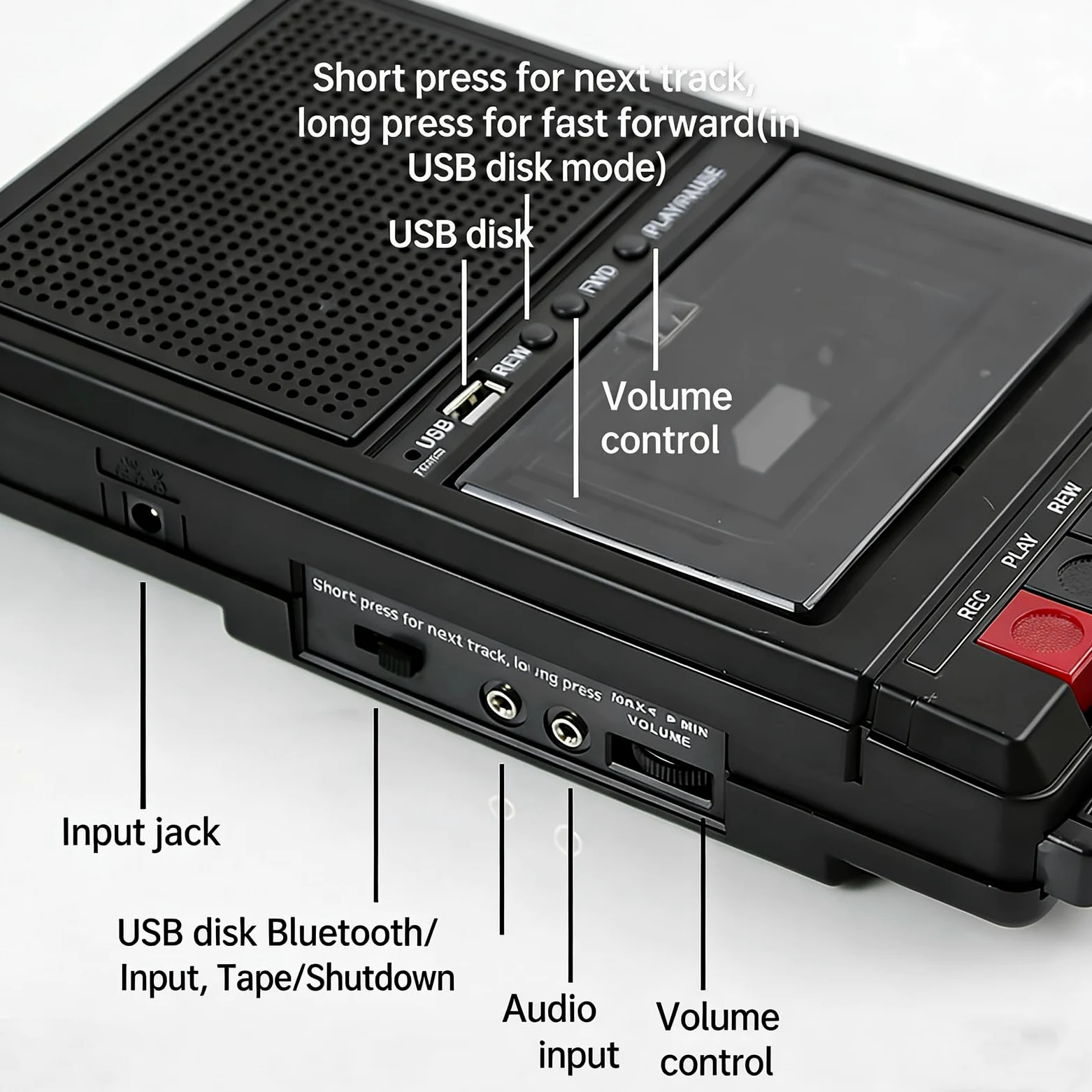 Tragbarer Kassettenrekorder Retro, Kassettenspieler Bluetooth mit Aufnahmefunktion, Kassetten Digitalisieren über USB & Audio, Mobiler Kassettenspieler mit Dual-Stromversorgung